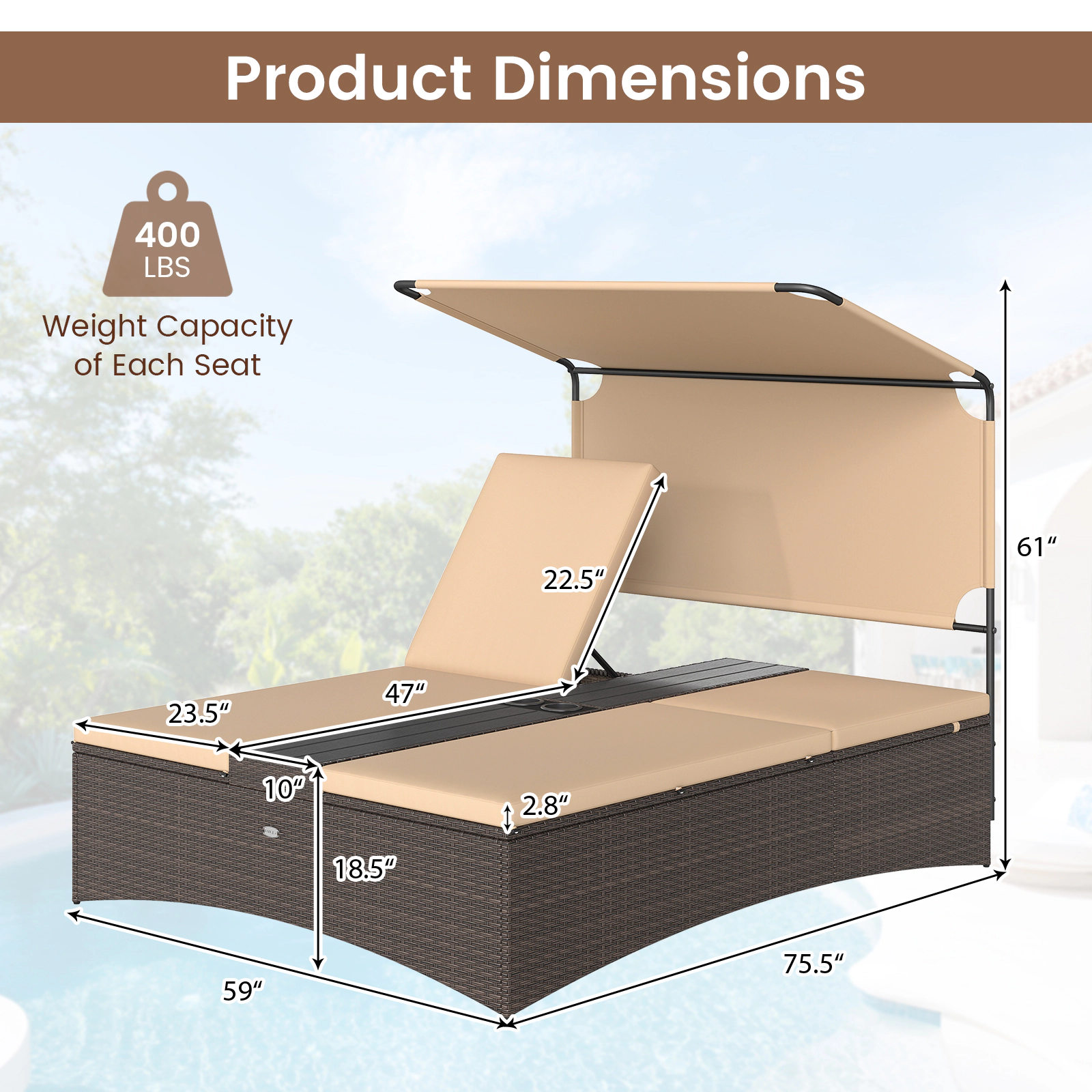 LJG Outdoor Daybed with Adjustable Backrests 2-Person PE Rattan Patio Bed
