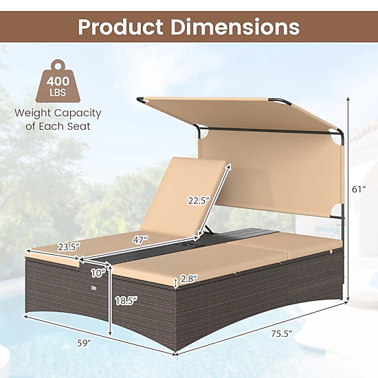 LJG Outdoor Daybed with Adjustable Backrests 2-Person PE Rattan Patio Bed