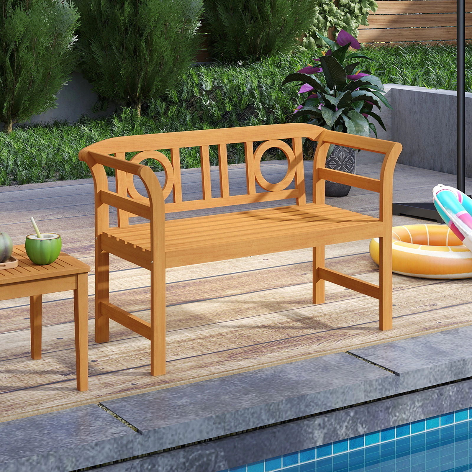 LJG Acacia Wood 2-Person Patio Loveseat with Backrest and Armrests for Backyard