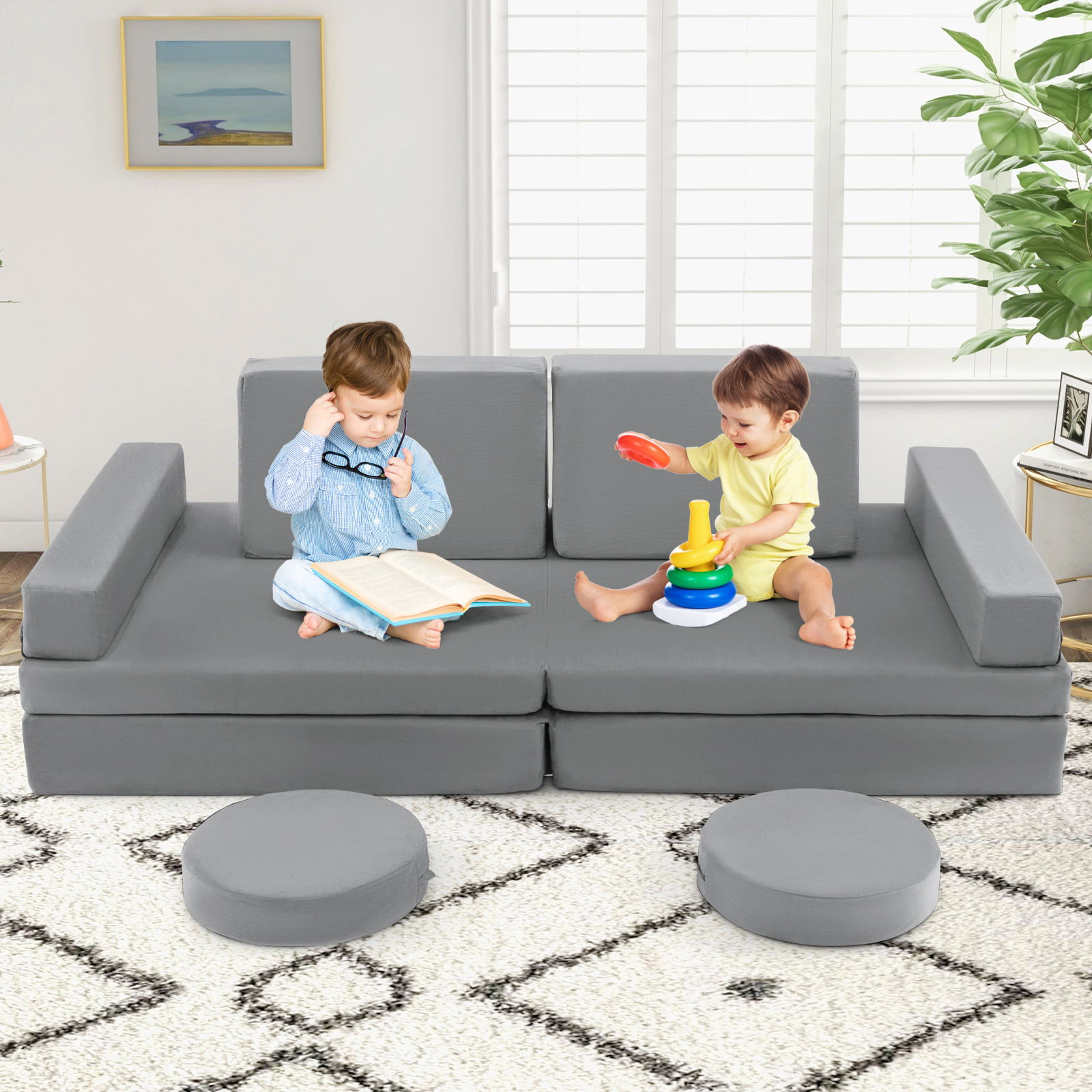 SUGIFT 10-Piece Gray Suede Modular Kids Play Couch Sofa Set with Portable Handle and Washable Covers