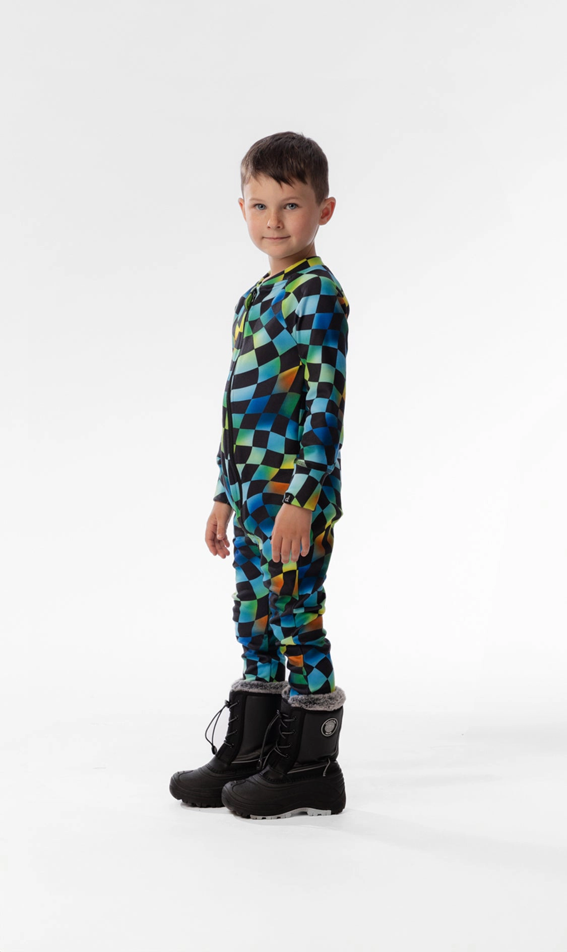 Deux par Boys One Piece Checkered Print Asymmetric Zip Thermal Underwear