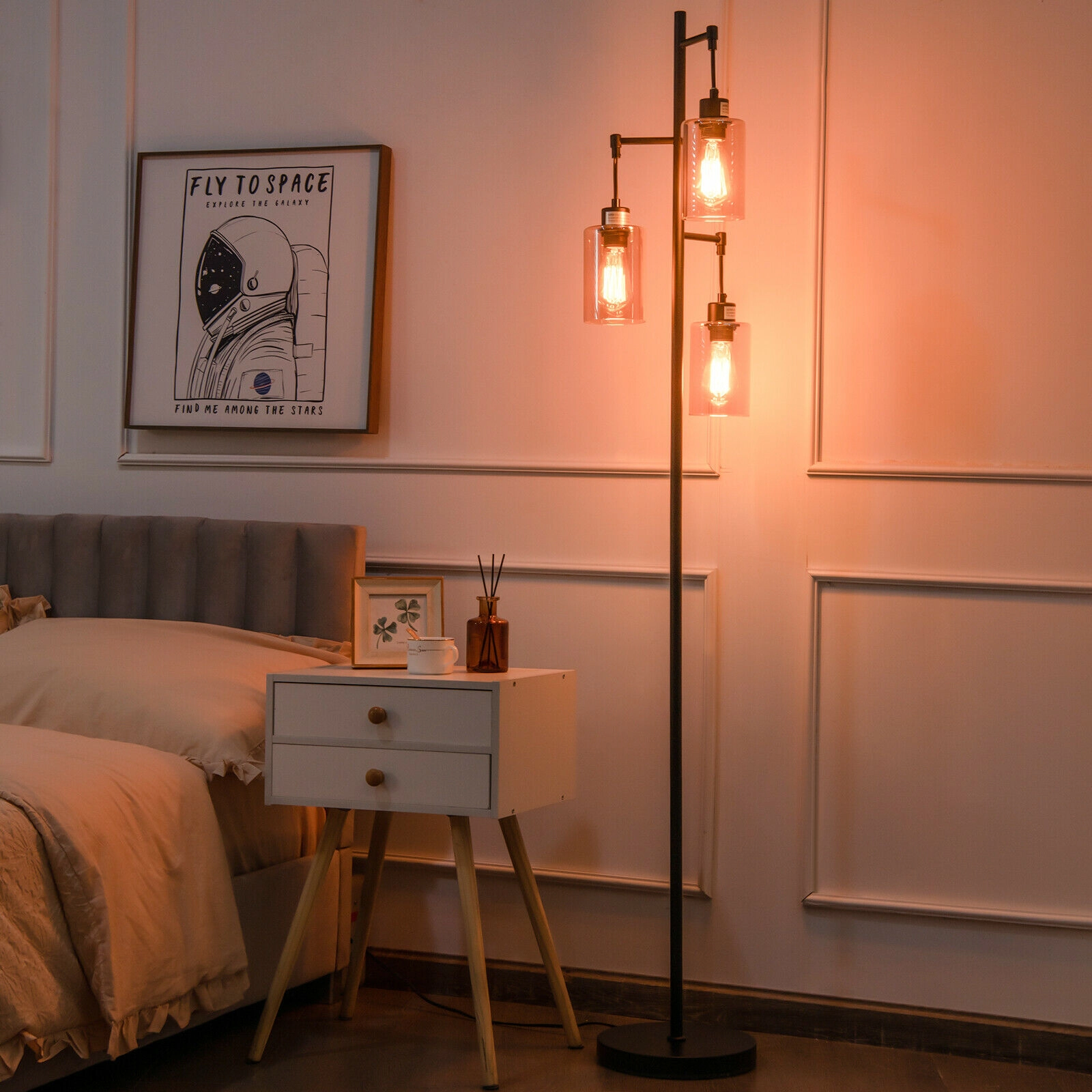 SlickBlue 3 Head Retro Floor Lamp with Hanging Amber Glass Shades