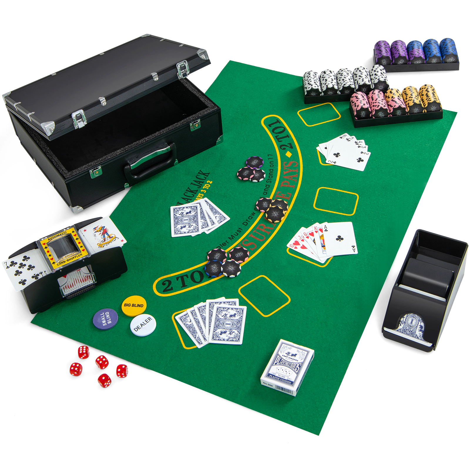 SUGIFT 14-Gram 300-Piece Poker Chip Set with Aluminum Case Card Shuffler Card Shoe 2 Decks and Poker Felt