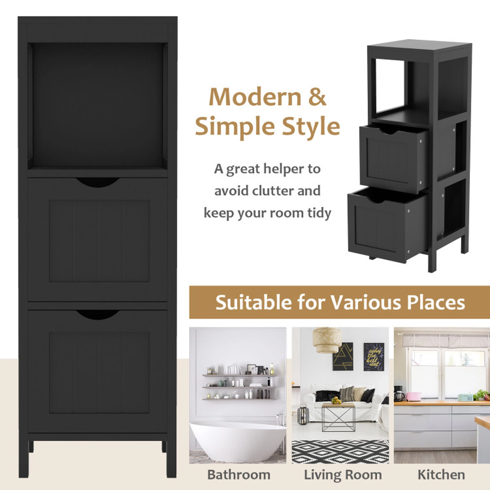 SUGIFT 4-Tier Storage Cabinet with 2 Removable Drawers 22-lb Top and Bottom Capacity Bathroom White/Gray/Brown
