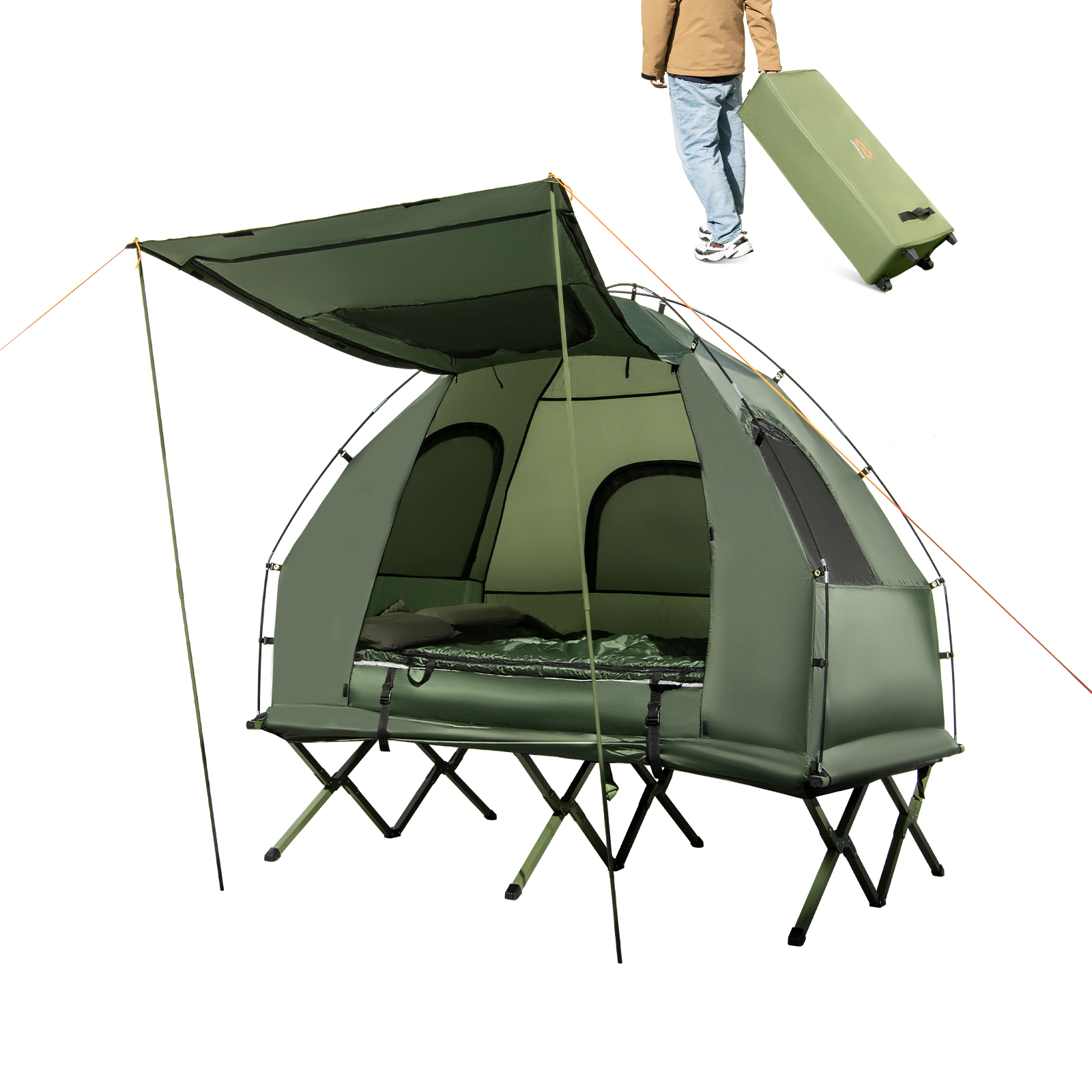 SUGIFT 500-lb Capacity 2-Person Foldable Tent Cot with Air Mattress Sleeping Bag Pillow and Wheeled Bag