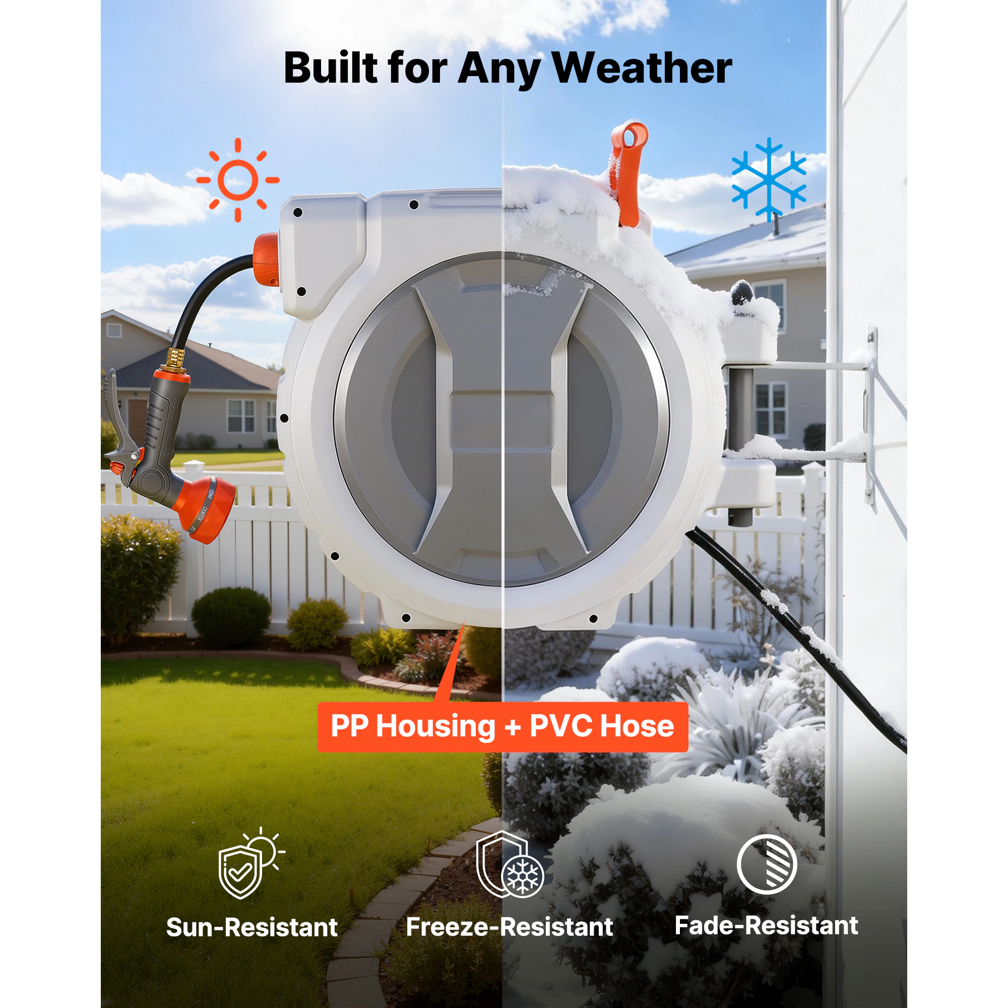 HONGGE Retractable Garden Hose Reel 1/2 in Wall Mounted Hose Reel with 9-Function Sprayer Nozzle and 180° Swivel