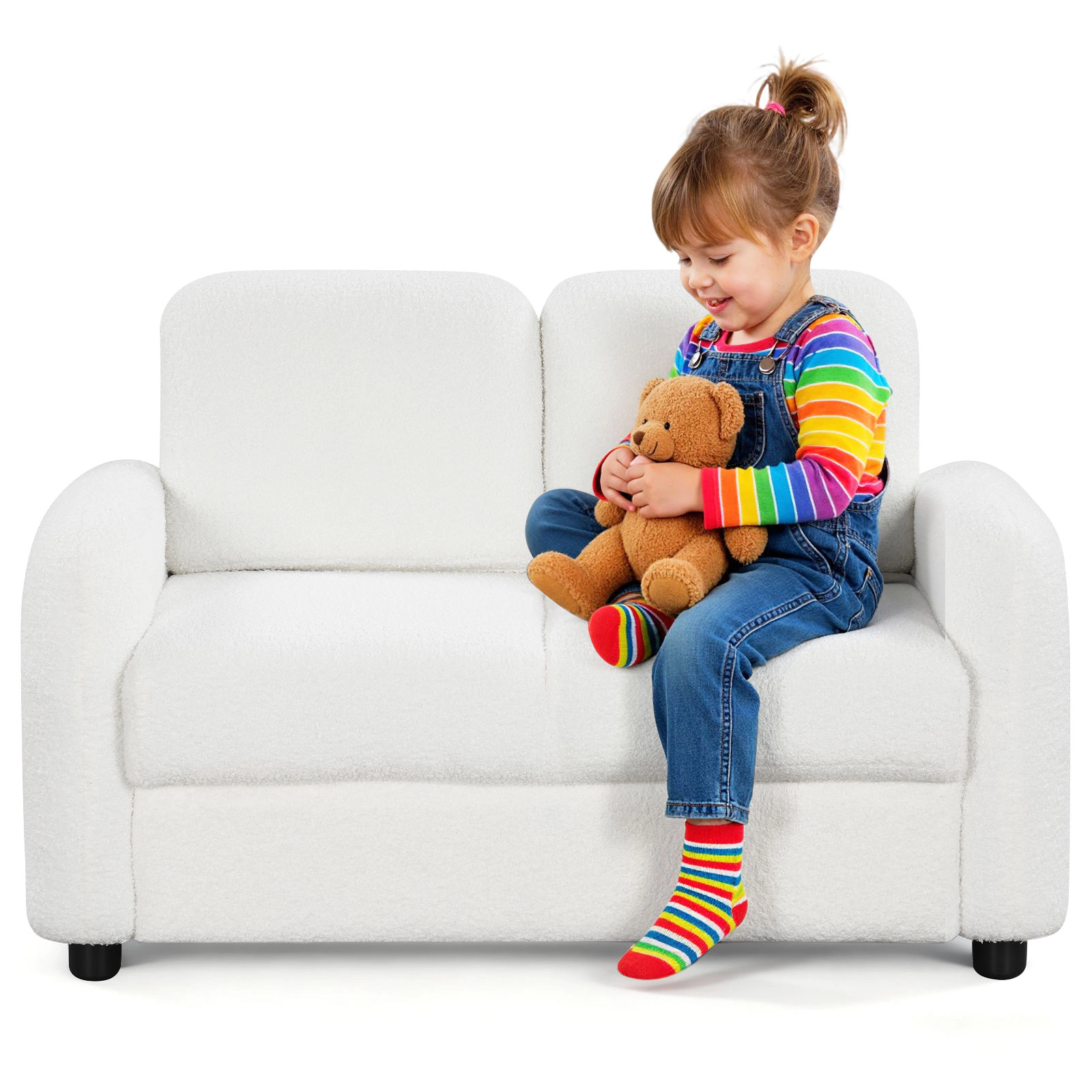 SUGIFT 2-Seat Kids Sofa Toddler Couch with Teddy Fleece Upholstery 330-lb Capacity Ages 3+ White