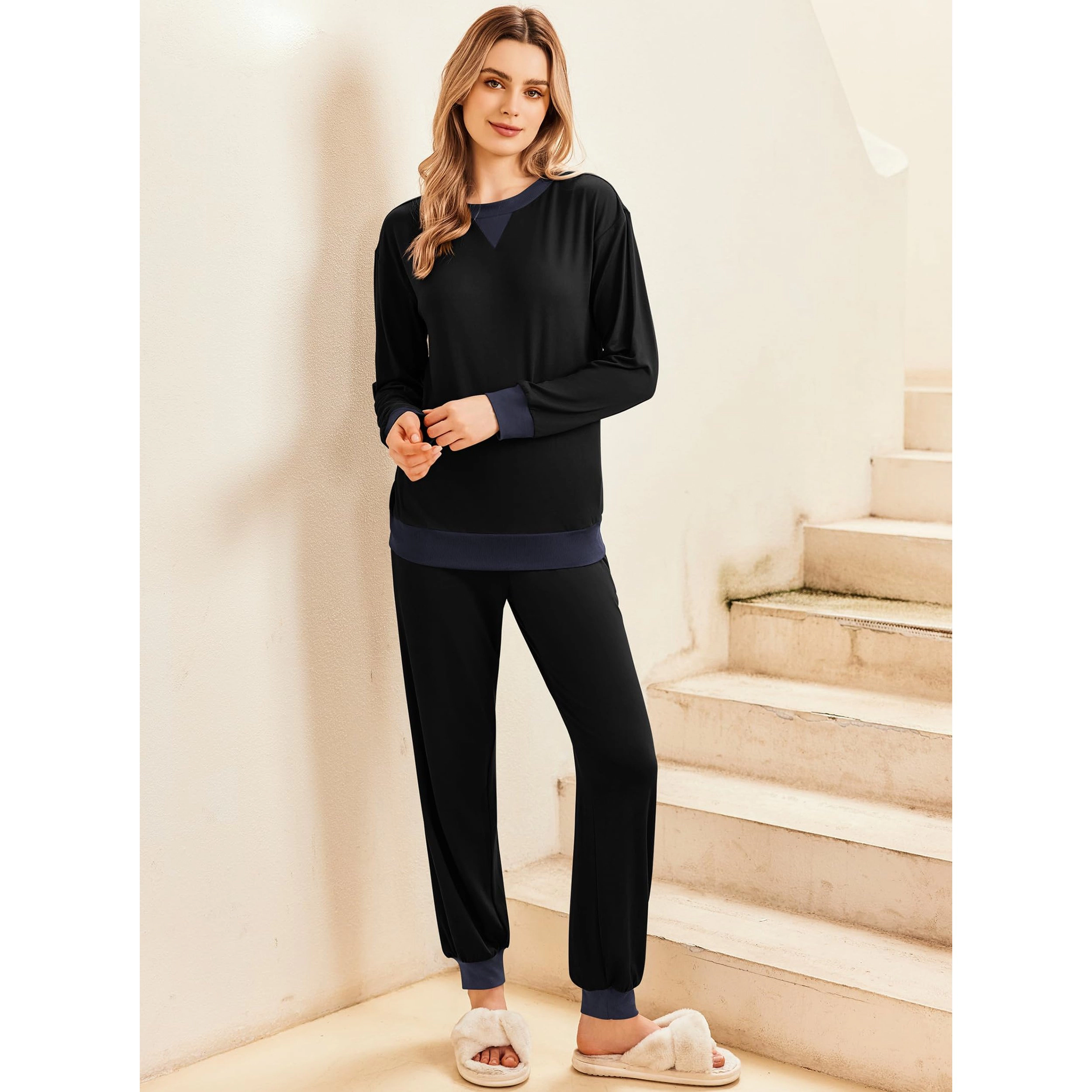Ekouaer Pajamas Set Long Sleeve Pajama Sets Two Piece Jogger Sleepwear