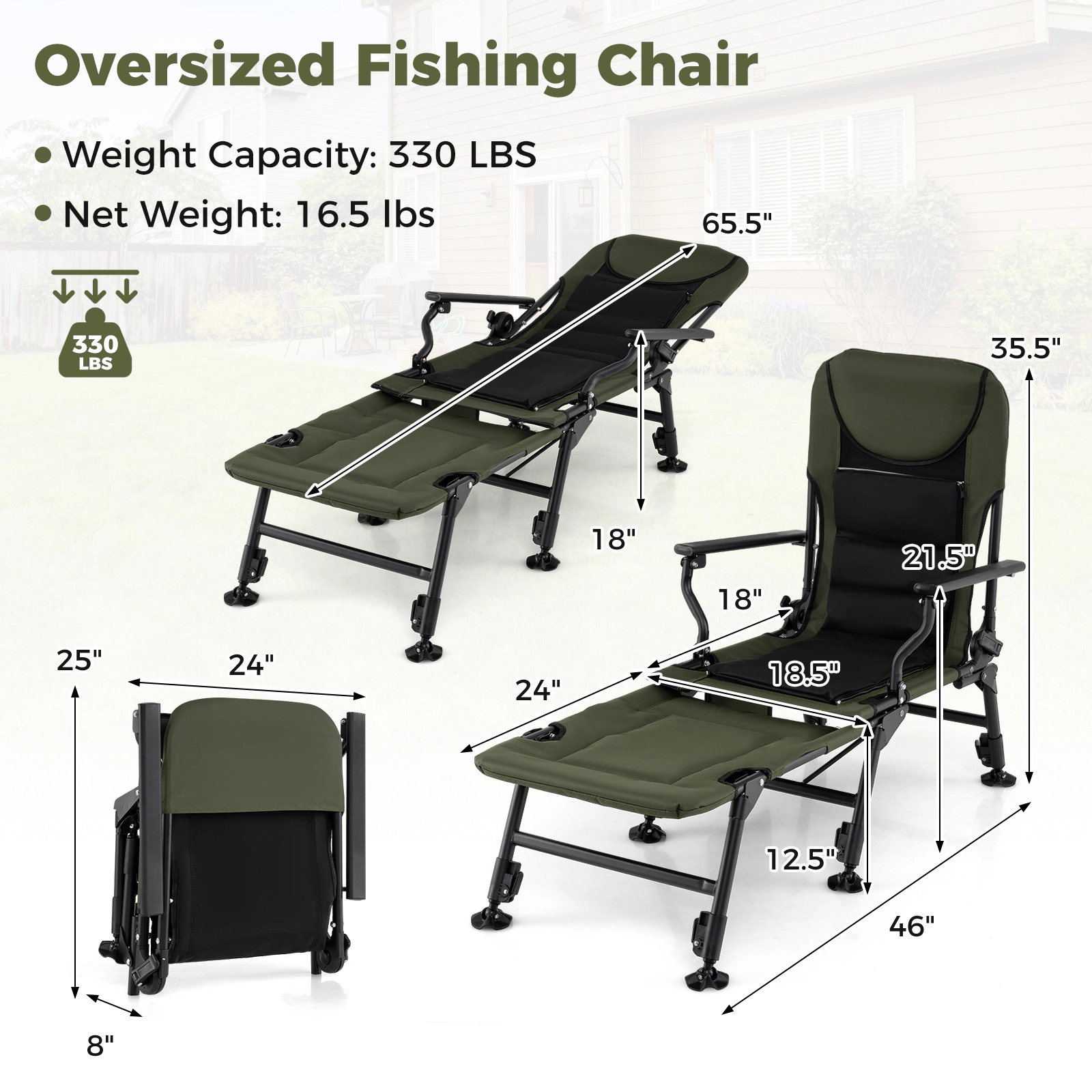 LJG Oversized Foldable Fishing Chair with Detachable Footrest