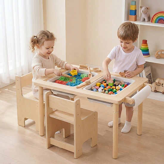 SUGIFT Kids Sensory Activity Table and 2-Chair Set, Adjustable Height, Natural Wood