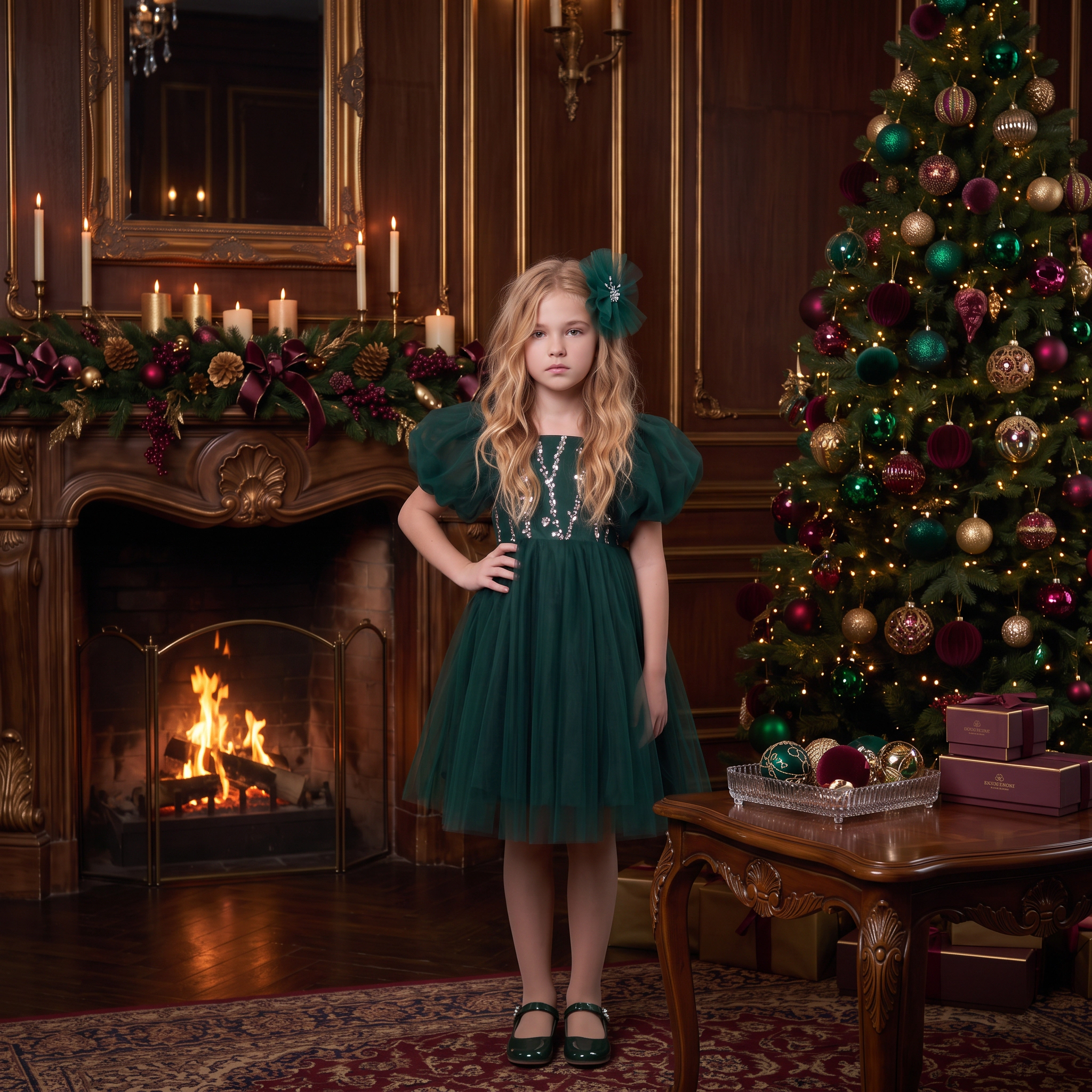 2Bunnies Girls’ Beaded Sequin Embellished Puff Sleeve Tulle Holiday Party Dress