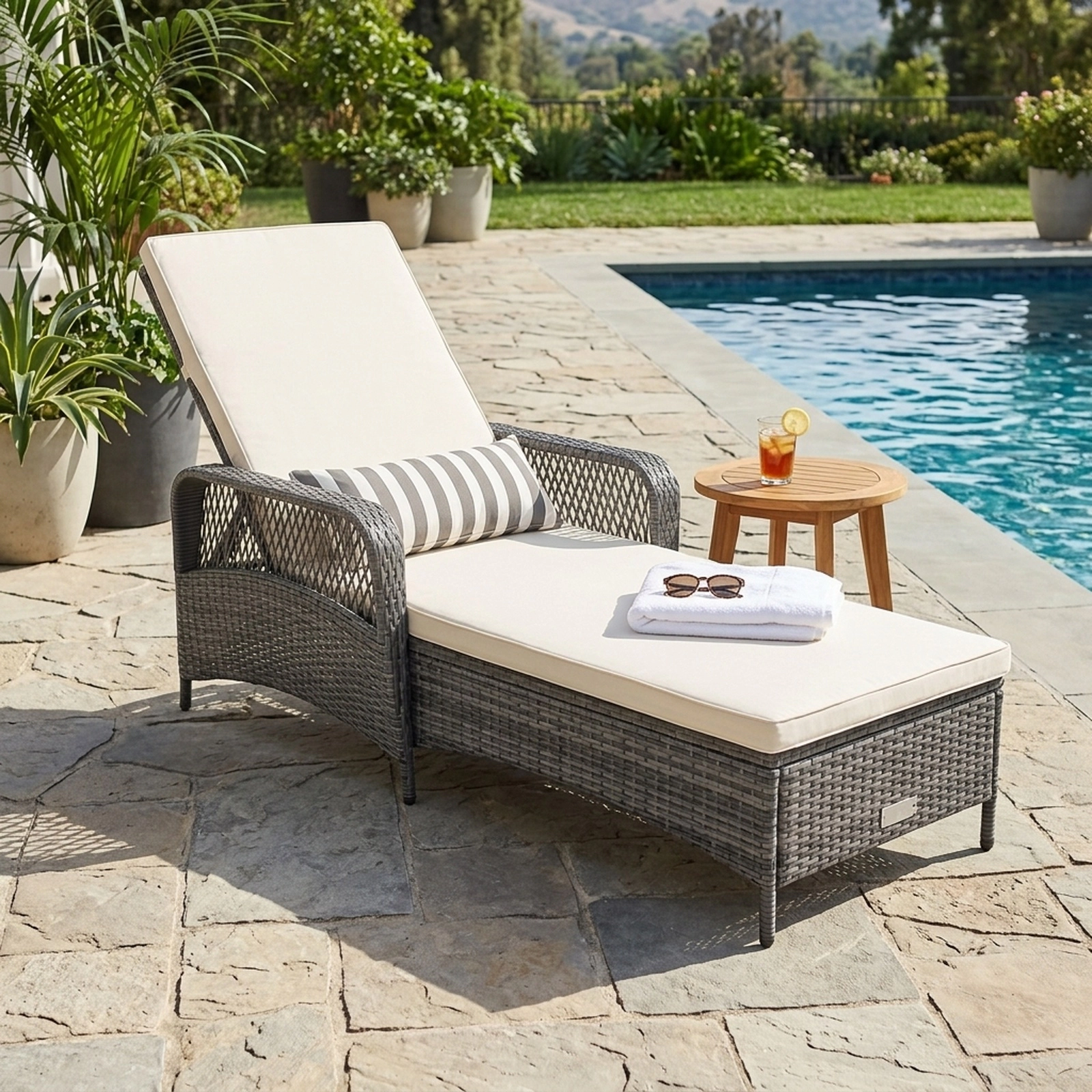SUGIFT Gray Outdoor Chaise Lounge Recliner with 6-Level Backrest and Removable Waist Pillow