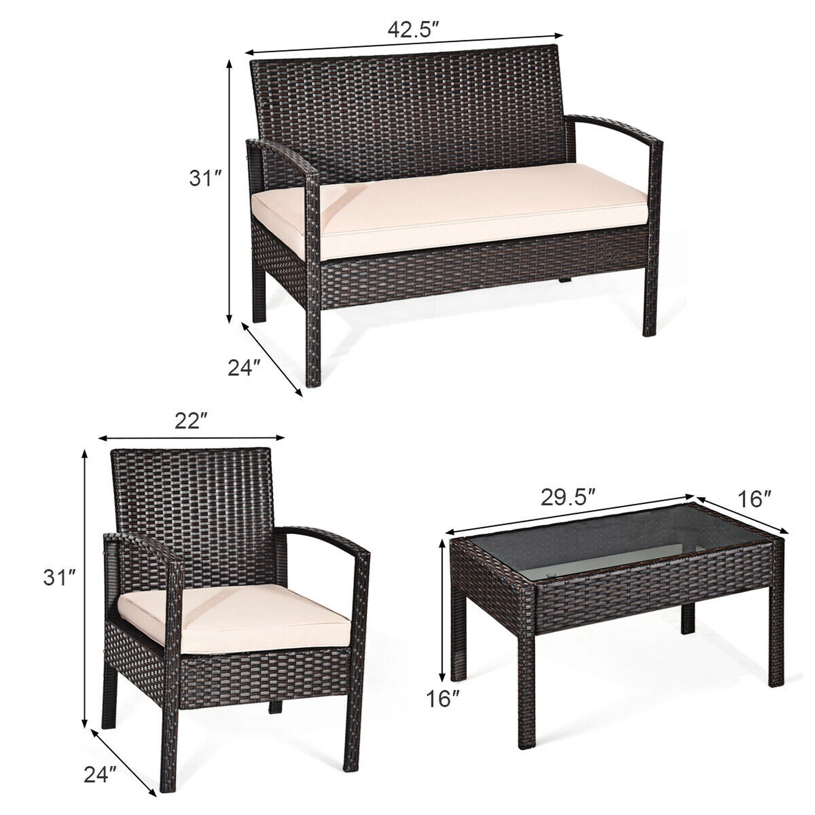 SUGIFT Loveseat 2 Sofas and Coffee Table 4-Piece Beige Patio Rattan Conversation Set
