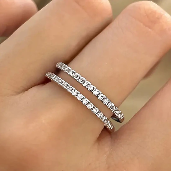 Women Dainty Cubic Zirconia Half Eternity Stackable Engagement Enhancer Guard Double Ring