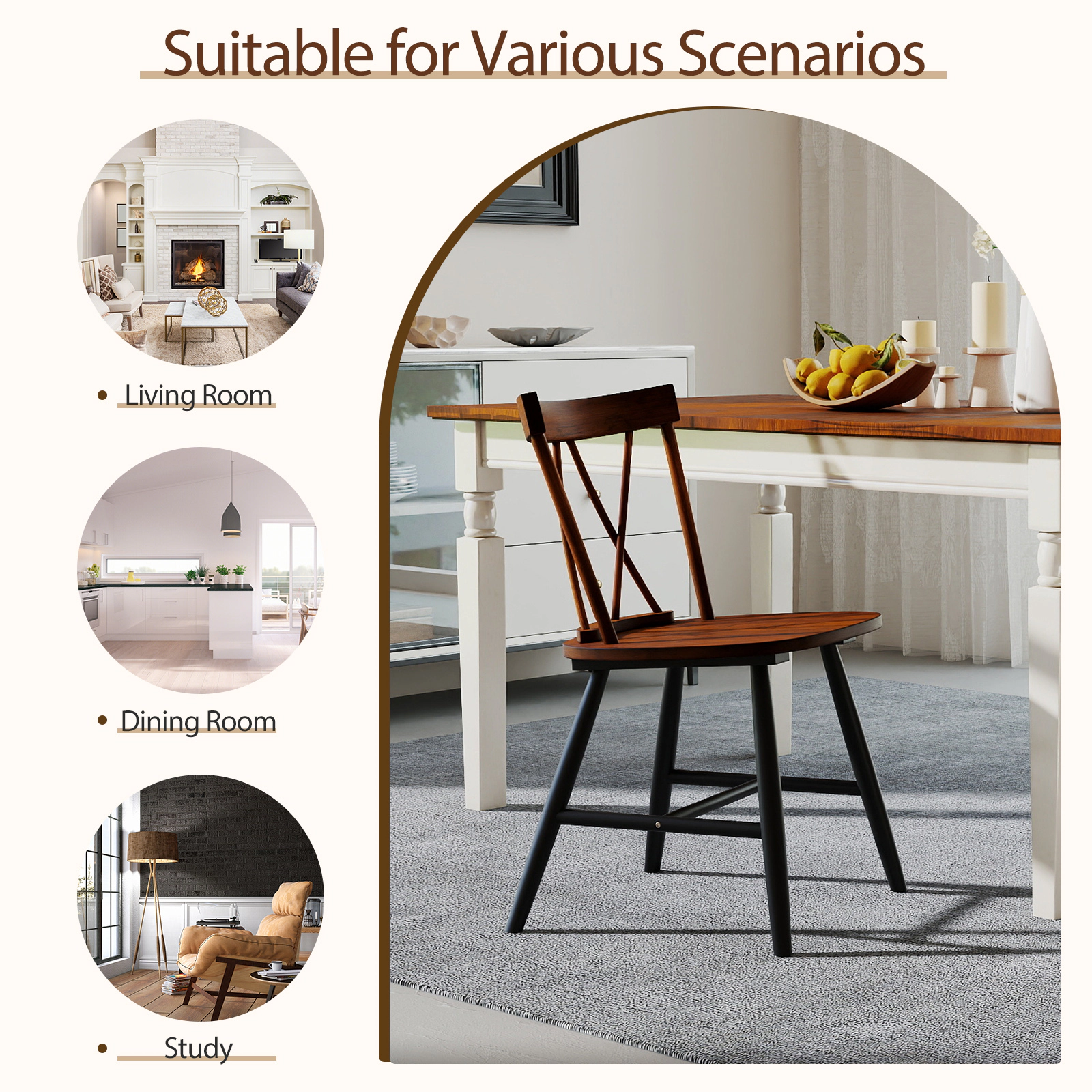 SUGIFT Farmhouse Kitchen Dining Chair Set of 2 275-Lb Capacity Dark Brown Rubber Wood Frame