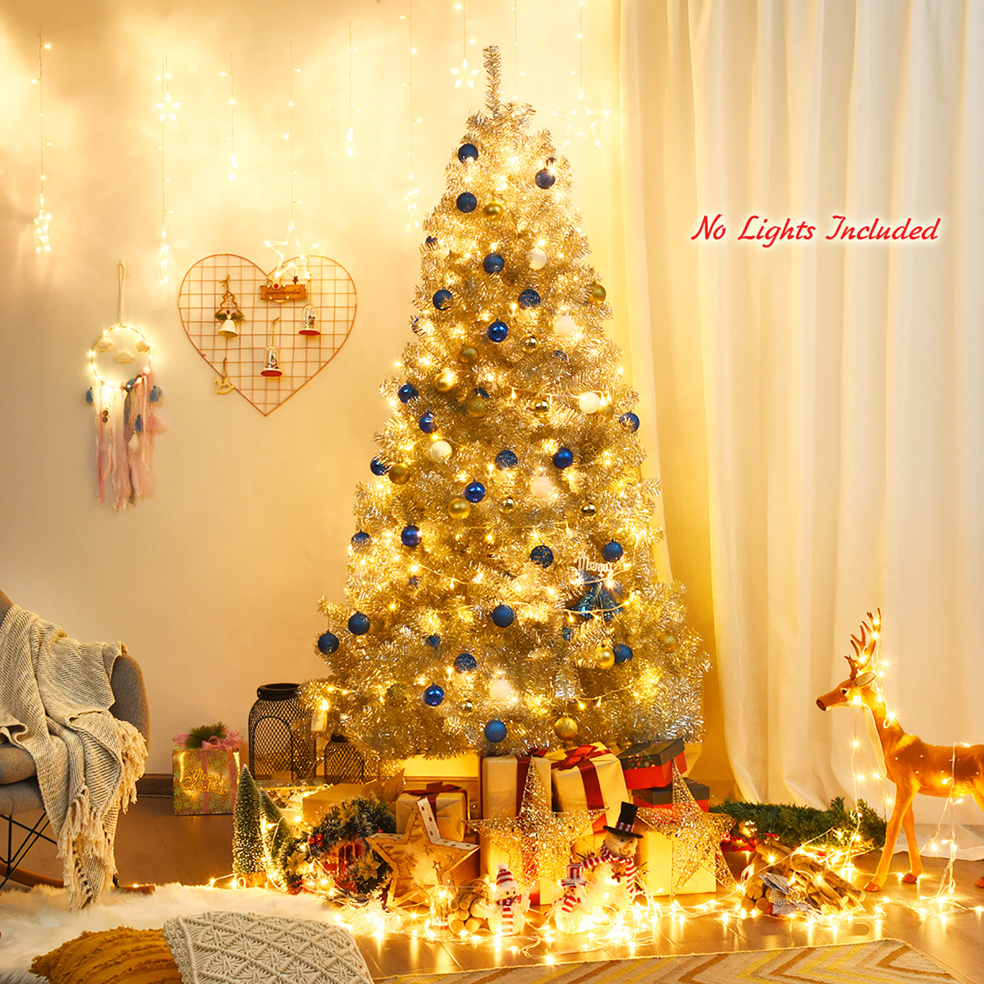 Costway 7.5ft Artificial Tinsel Christmas Tree w/1258 Tips Foldable Stand Champagne