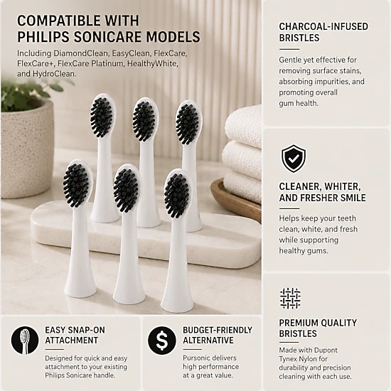 Pursonic Unisex Charcoal Infused Replacement Toothbrush Heads Compatible with Philips Sonicare Handles - 4 Pack