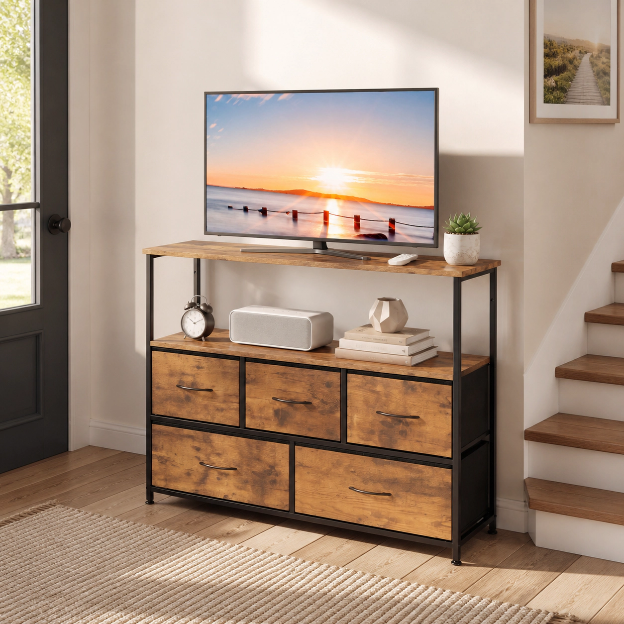 SUGIFT 39.5-in TV Stand Dresser for TVs up to 45 in, 5 Fabric Drawers, Open Shelf