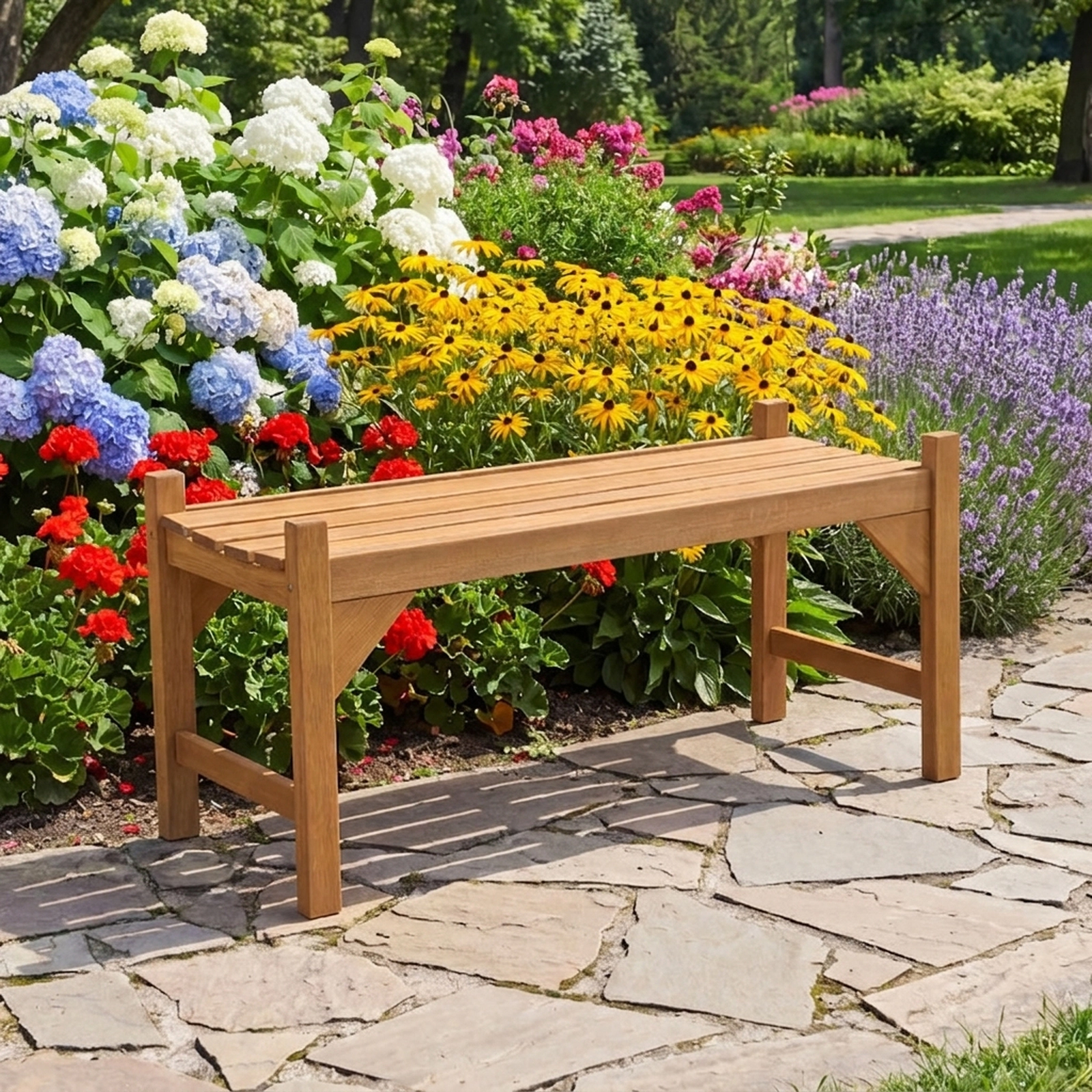 SUGIFT Solid Hardwood Outdoor Bench with Slatted Contoured Seat 530-Lb Capacity Natural