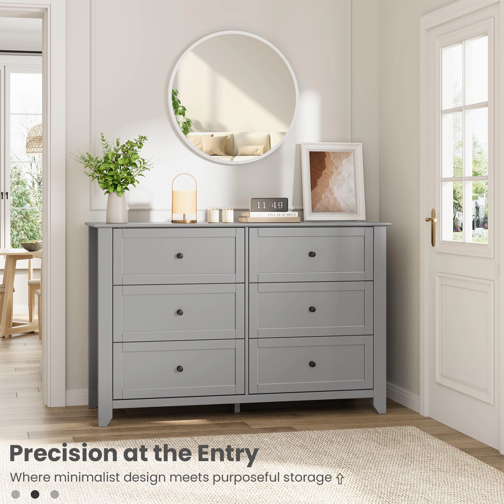 6 Drawer Dresser with Metal Knobs,  54" Wide Wooden Double Storage Chest for Bedroom Entryway Hallway