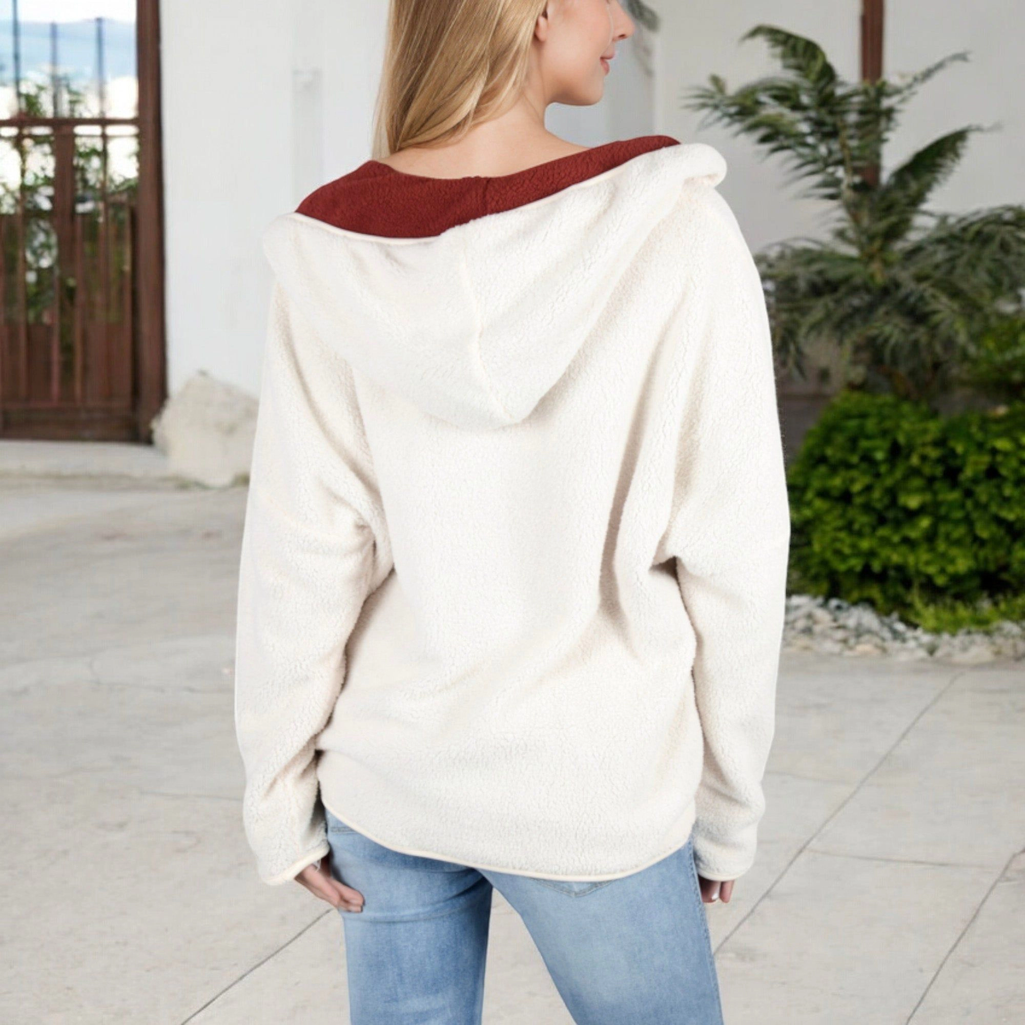 Anna-Kaci Women's Textured Two Tone Lined Hooded Jacket with Front Pockets