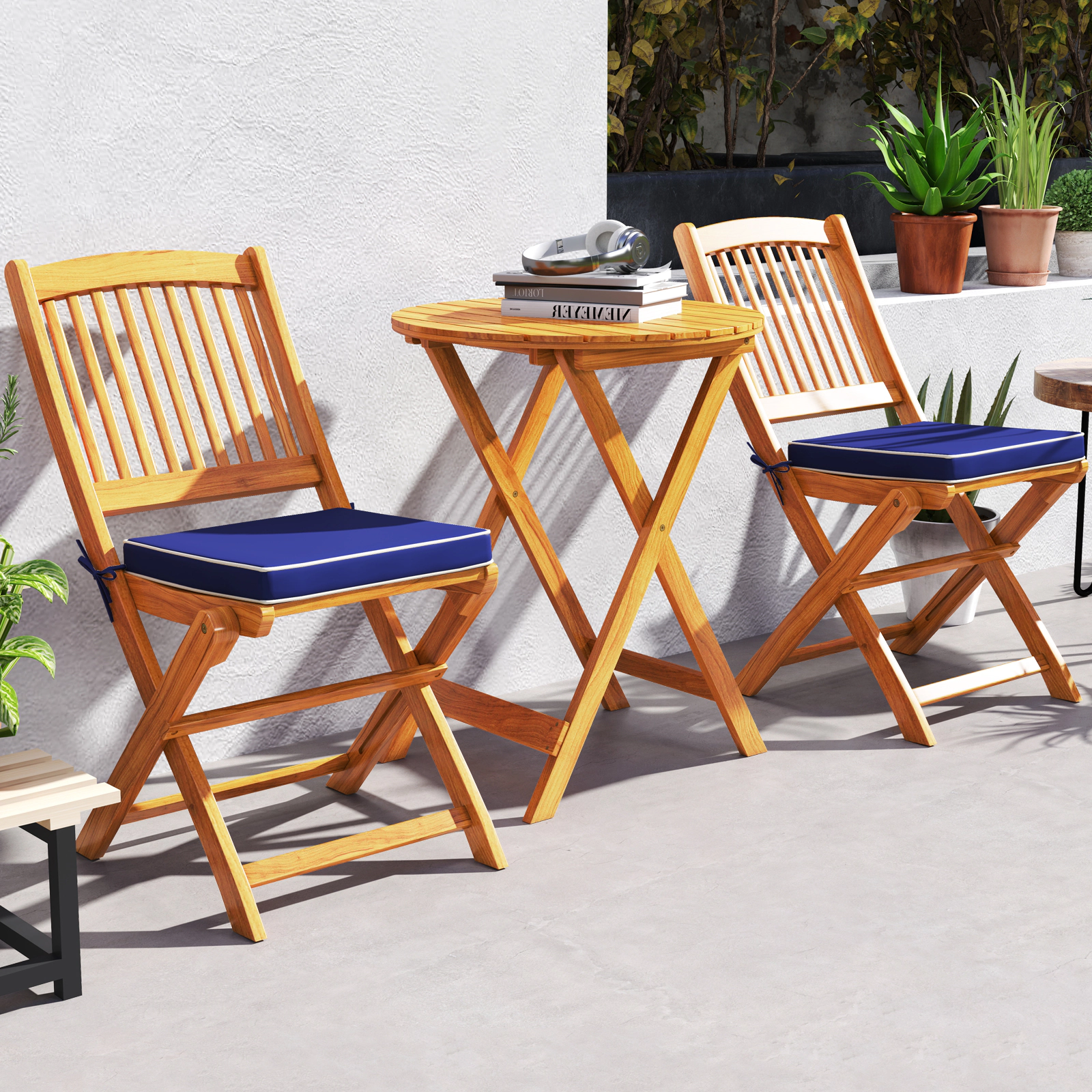 SUGIFT Navy Round Table and Cushions 3-Piece Acacia Wood Folding Patio Bistro Set