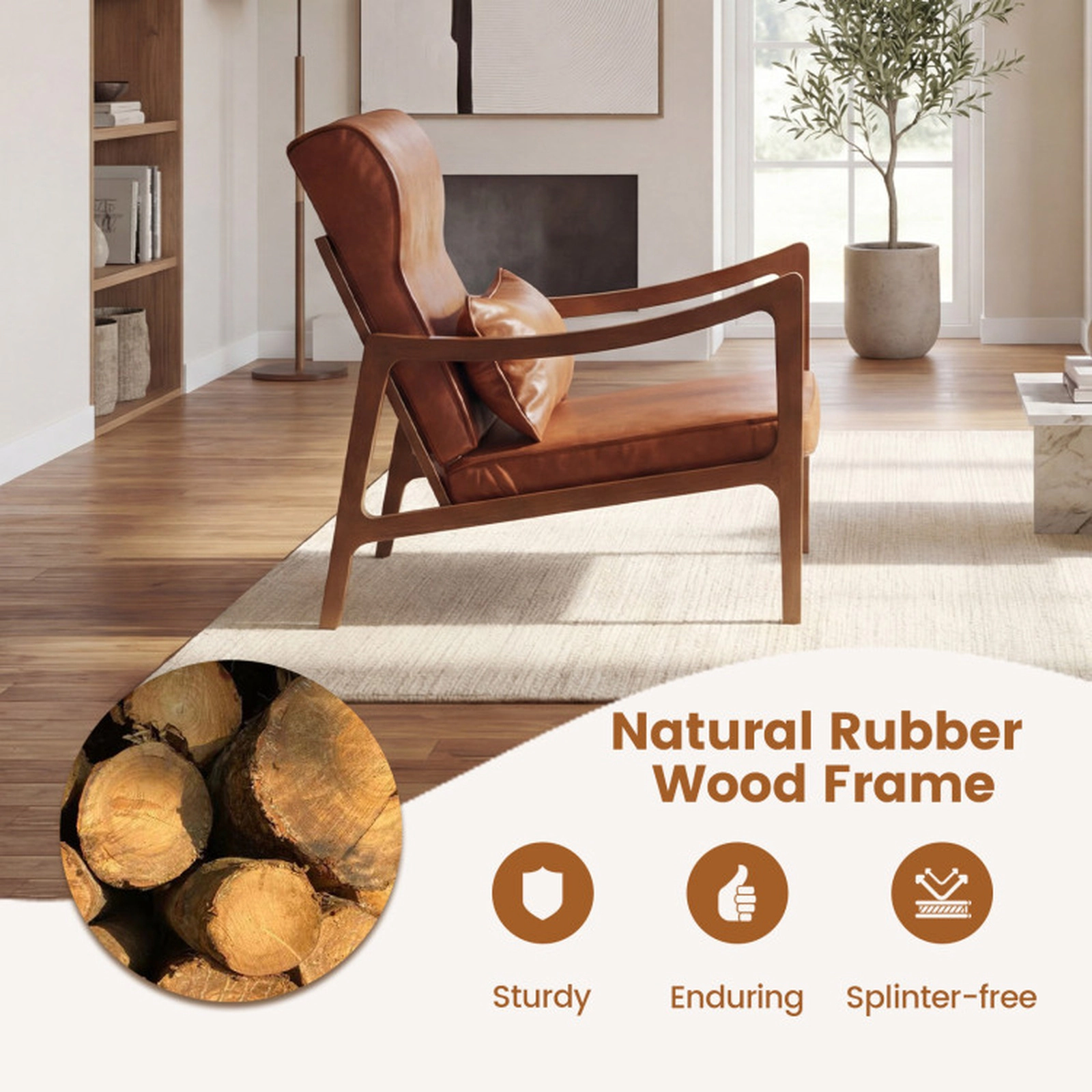 SUGIFT Brown Solid Rubber Wood Frame Removable Cushions and Lumbar Pillow Modern Accent Chair