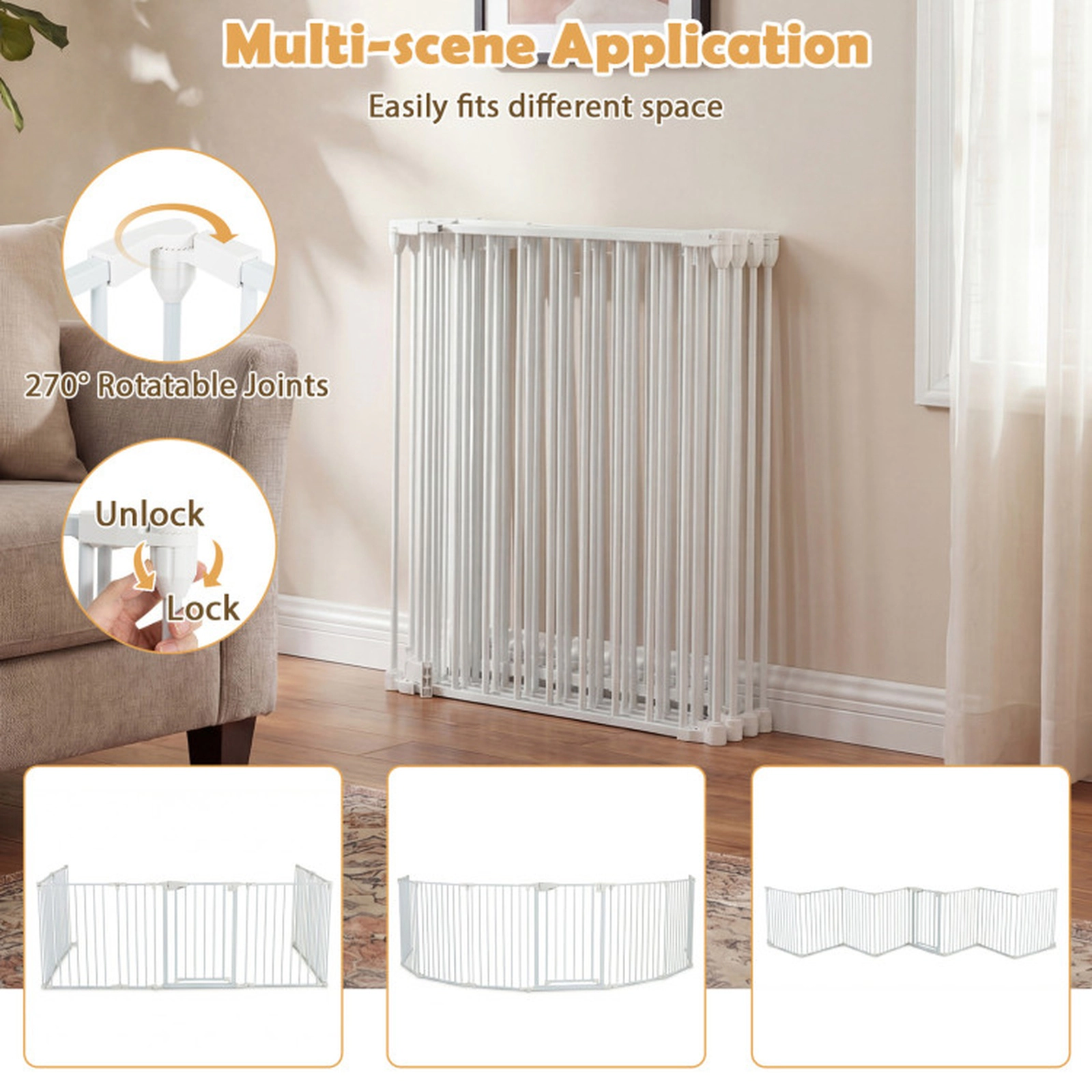 SUGIFT 8-Panel Extra Wide Adjustable Baby Gate and Pet Safety Fence 29.13-in Tall Ages 1-3 White/Black