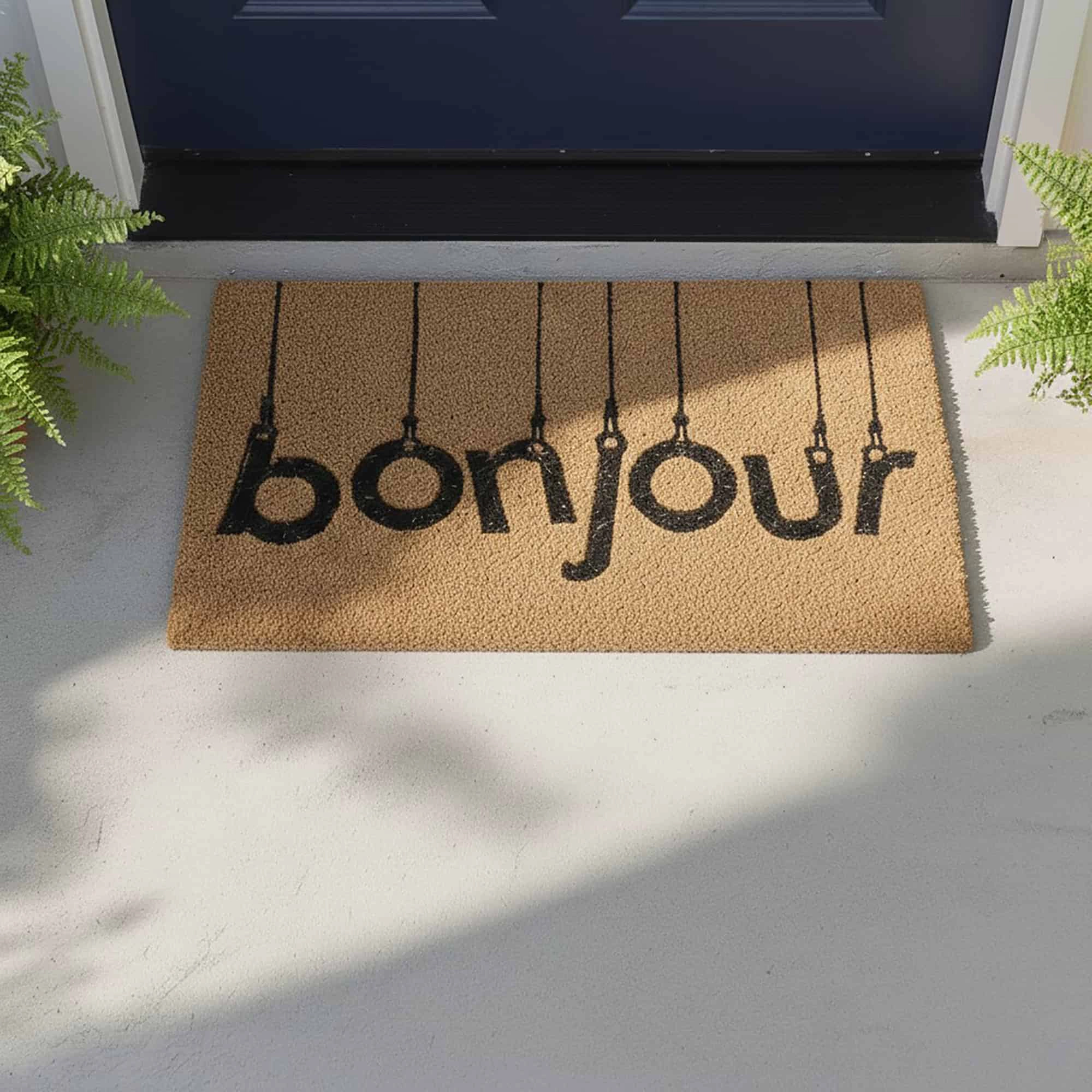 Evideco French Home Goods Natural and Black Bonjour Coir Doormat 24 x 16 Inches