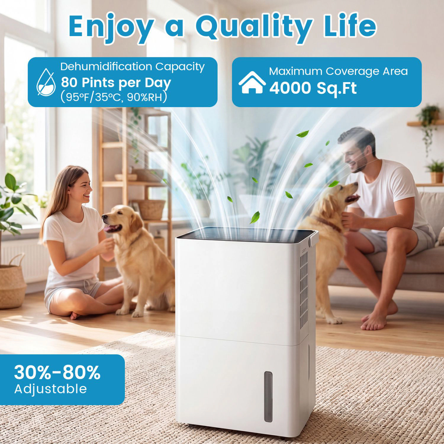 SlickBlue Portable Dehumidifier with Humidity Control and Continuous Drainage
