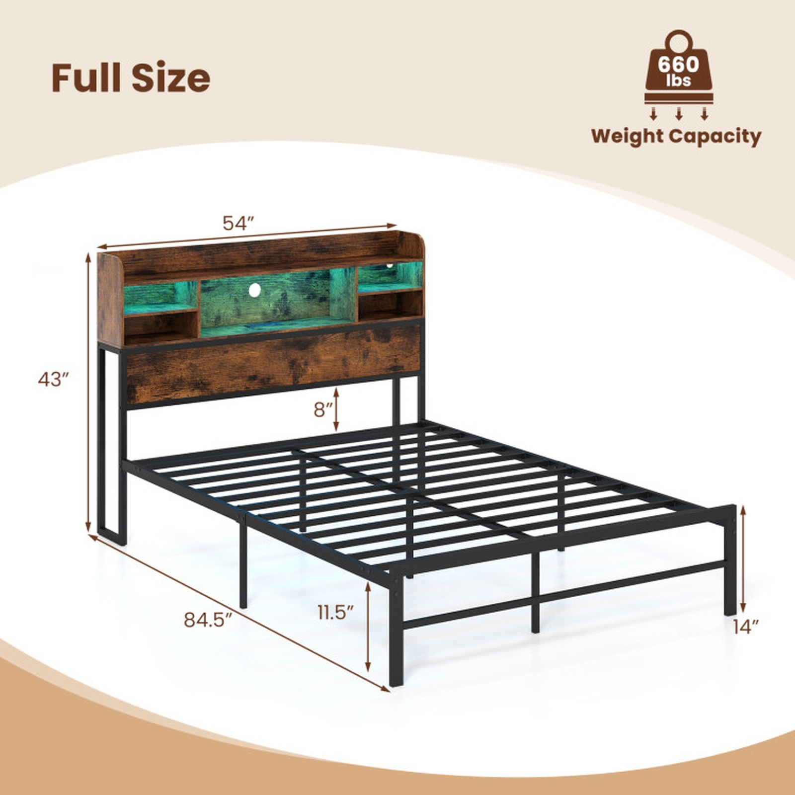 SUGIFT Full Size Bed Frame with Storage Headboard RGB LED Lights & Charging Station 660-lb Capacity Rustic Brown & Black