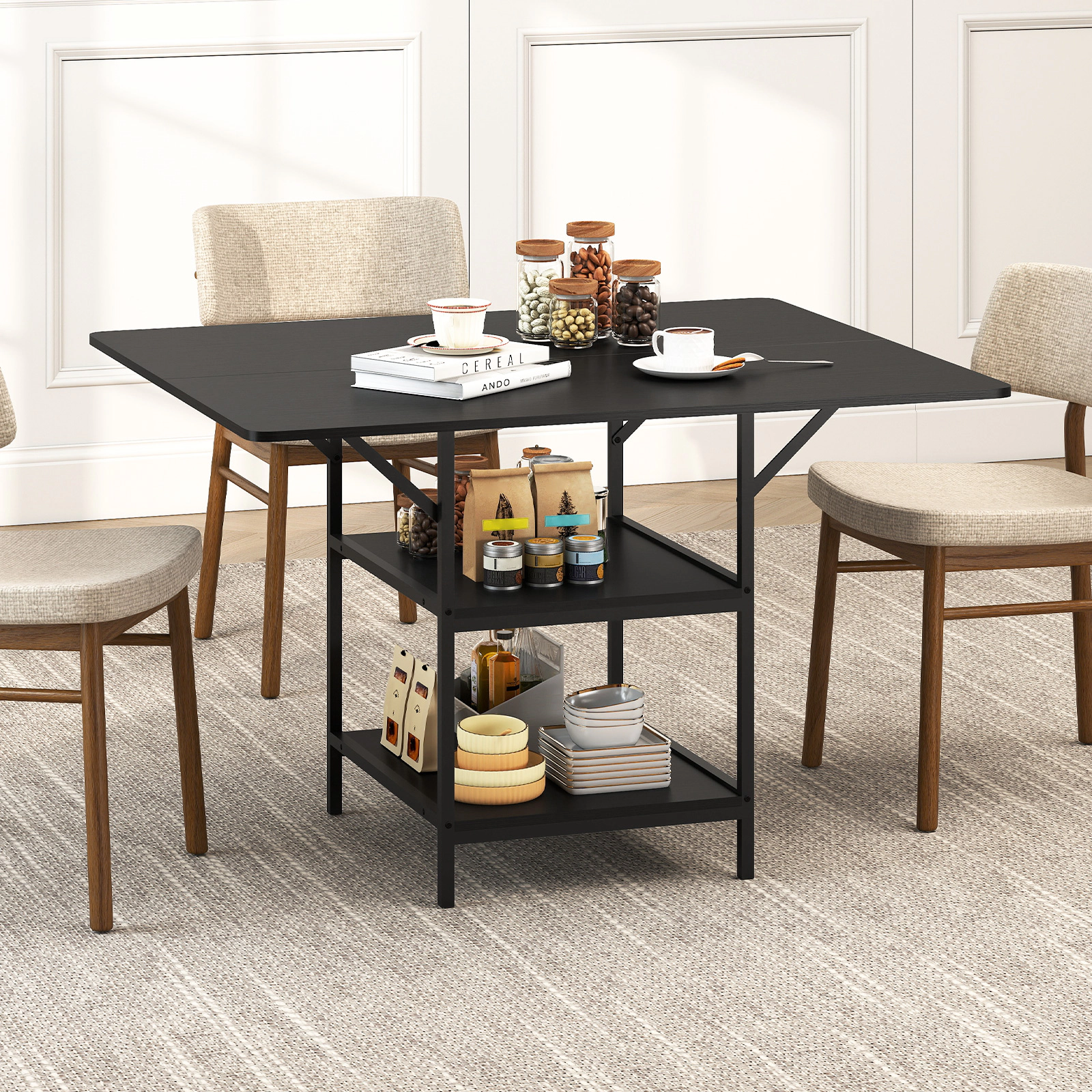 LJG 47 Inch Rectangular Dining Table with 2 Open Storage Shelves and Sturdy Metal Legs for 4-6-Black Costway3
