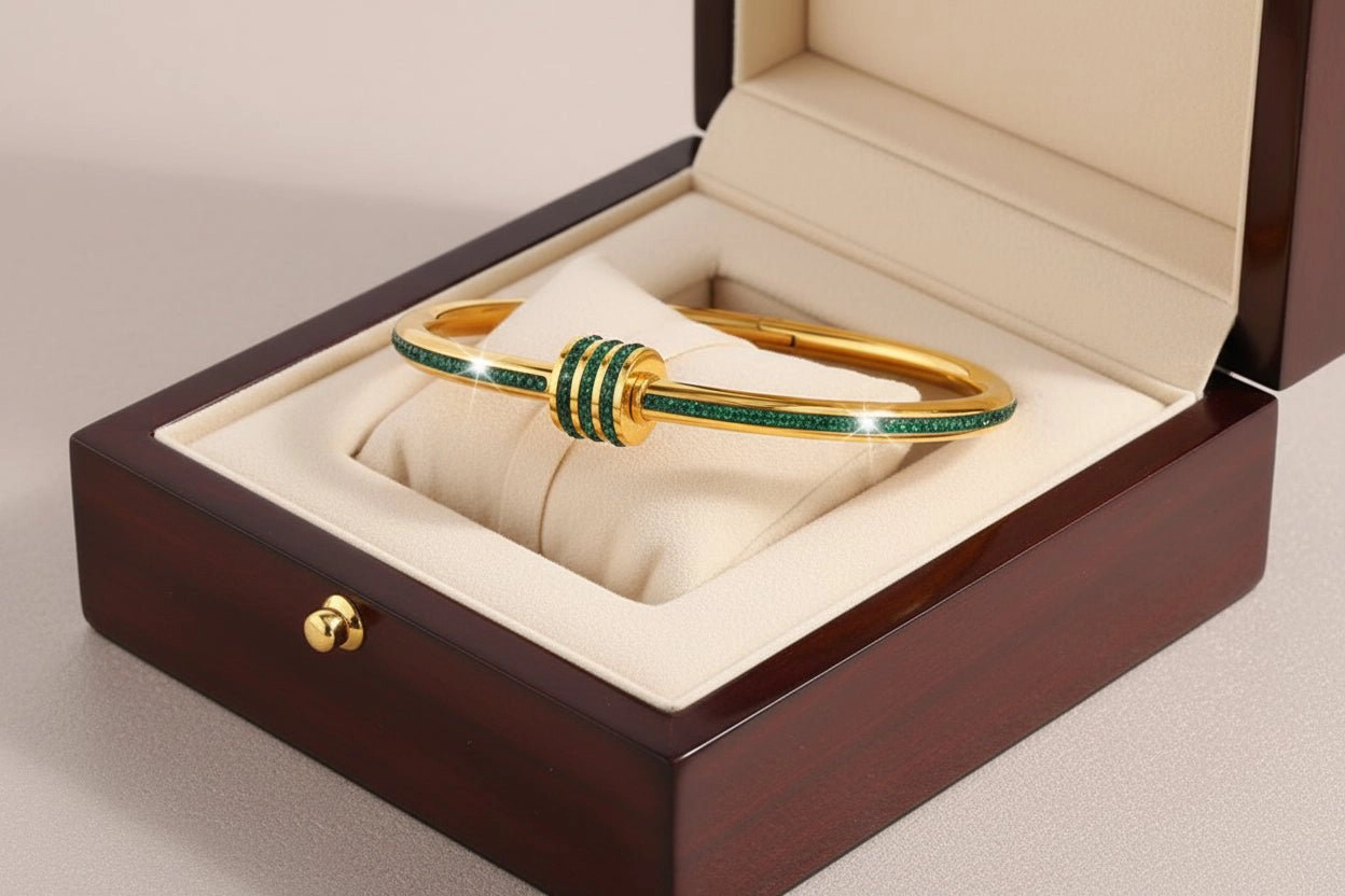 DressAtR Women's Green Zircon Gold Tone Bangle Bracelet
