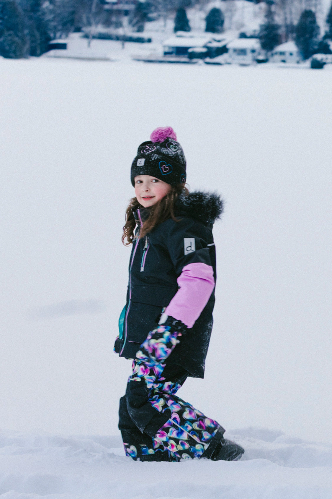 Deux par Girls Colorblock Two Piece Play Snowsuit with Hooded Jacket and Heart Print Snow Pants