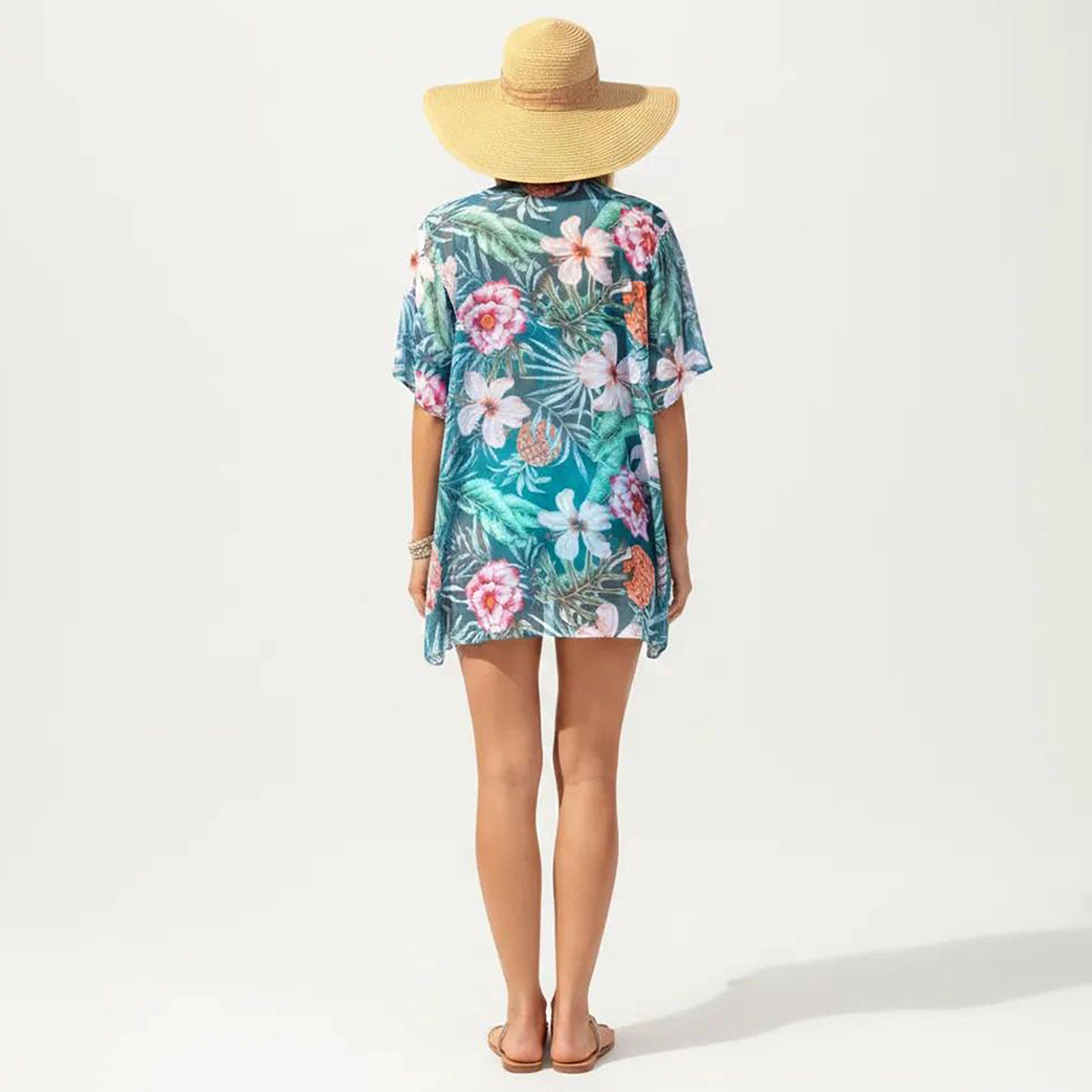 Anna-Kaci Women's Maternity Floral Print Kimono Cover-Up with High-Waisted Swim Shorts and Tank Top 3-Piece Set