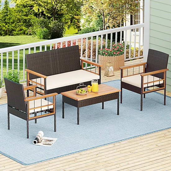 SUGIFT Acacia Wood Tabletop and Armrests 4-Piece White Cushioned Wicker Patio Set