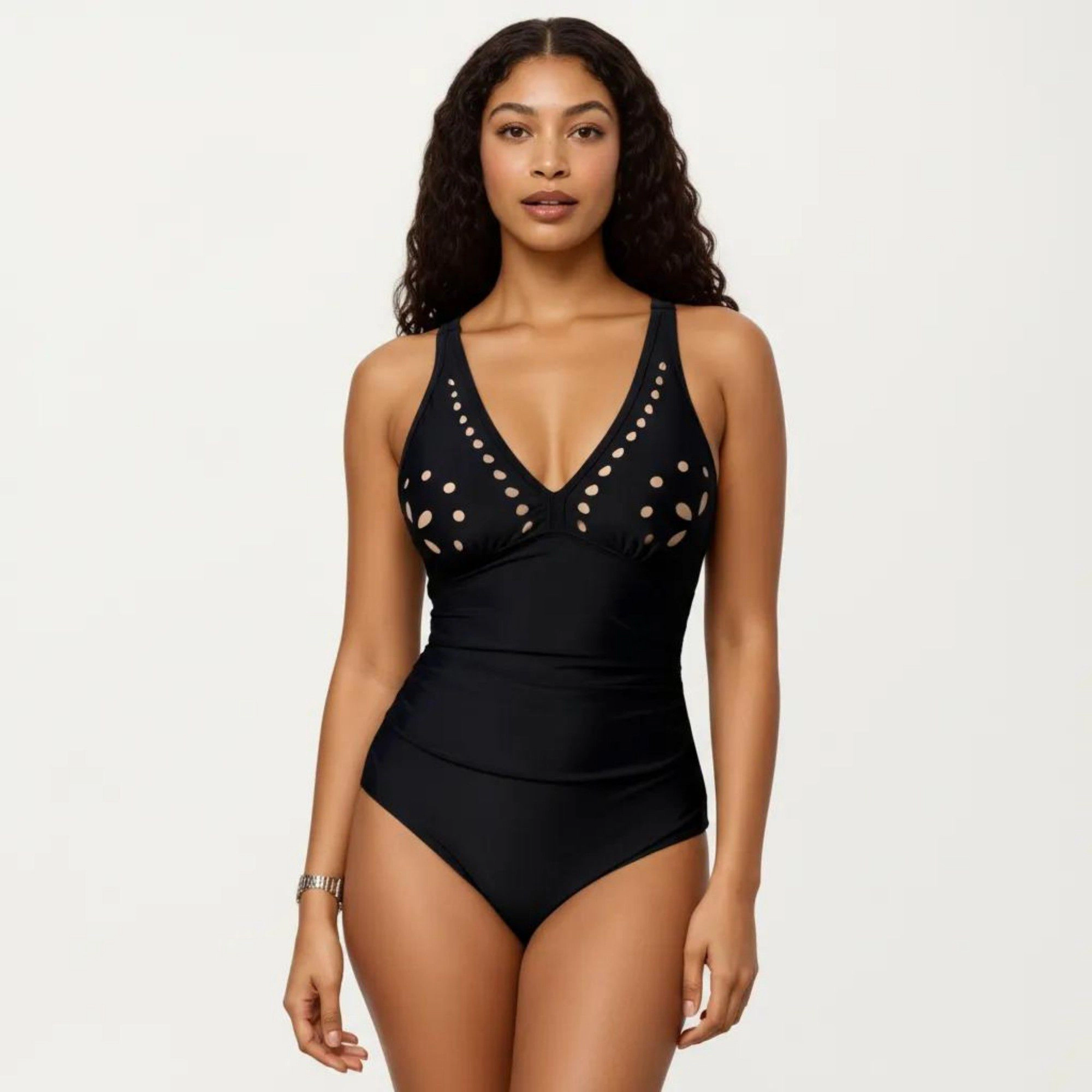 Anna-Kaci Women One Piece Swimsuit V-Neck Laser Cut Detail Contoured Fit