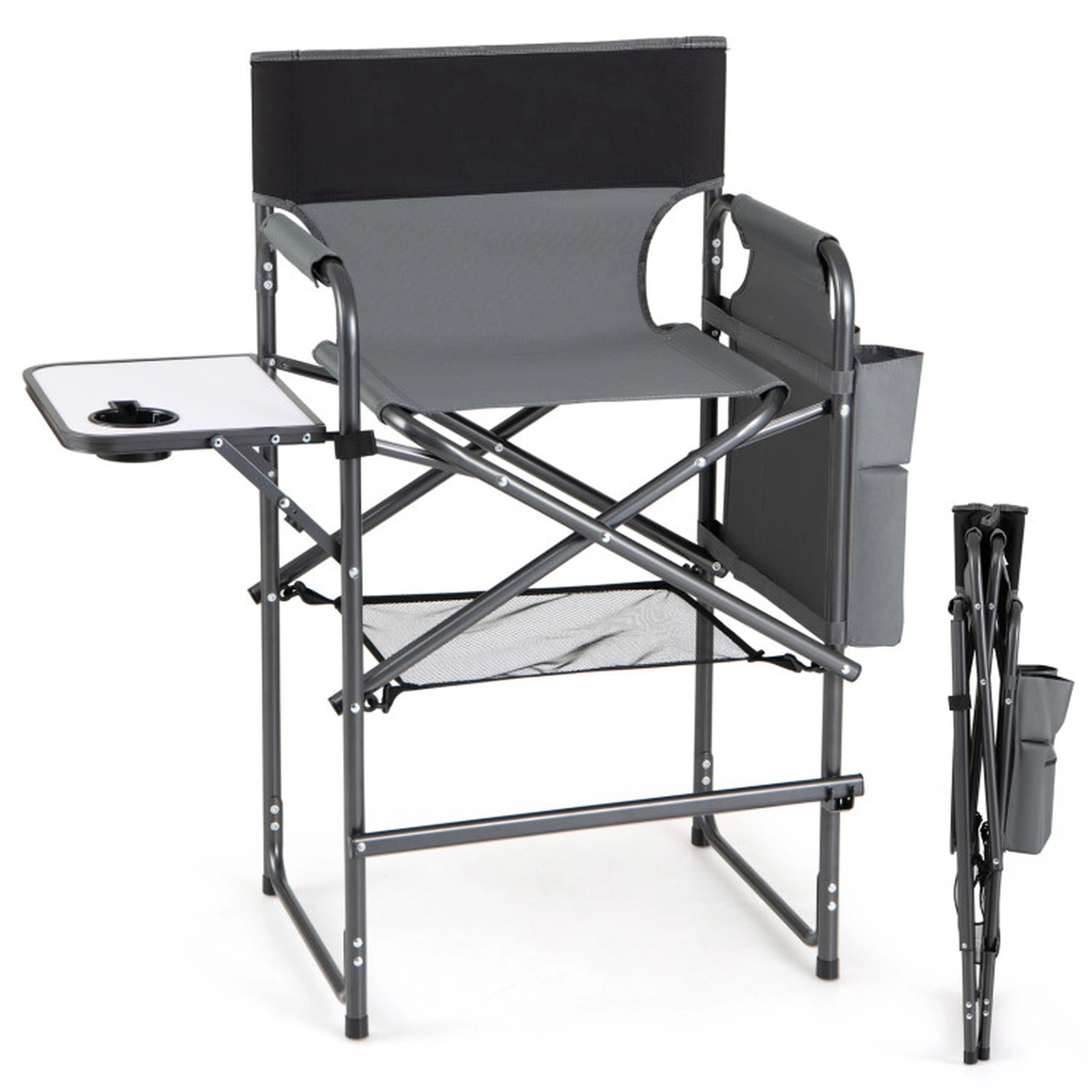 SUGIFT Folding Tall Director Camping Chair 26-in Seat Height 350-lb Capacity with Side Table Gray Black White