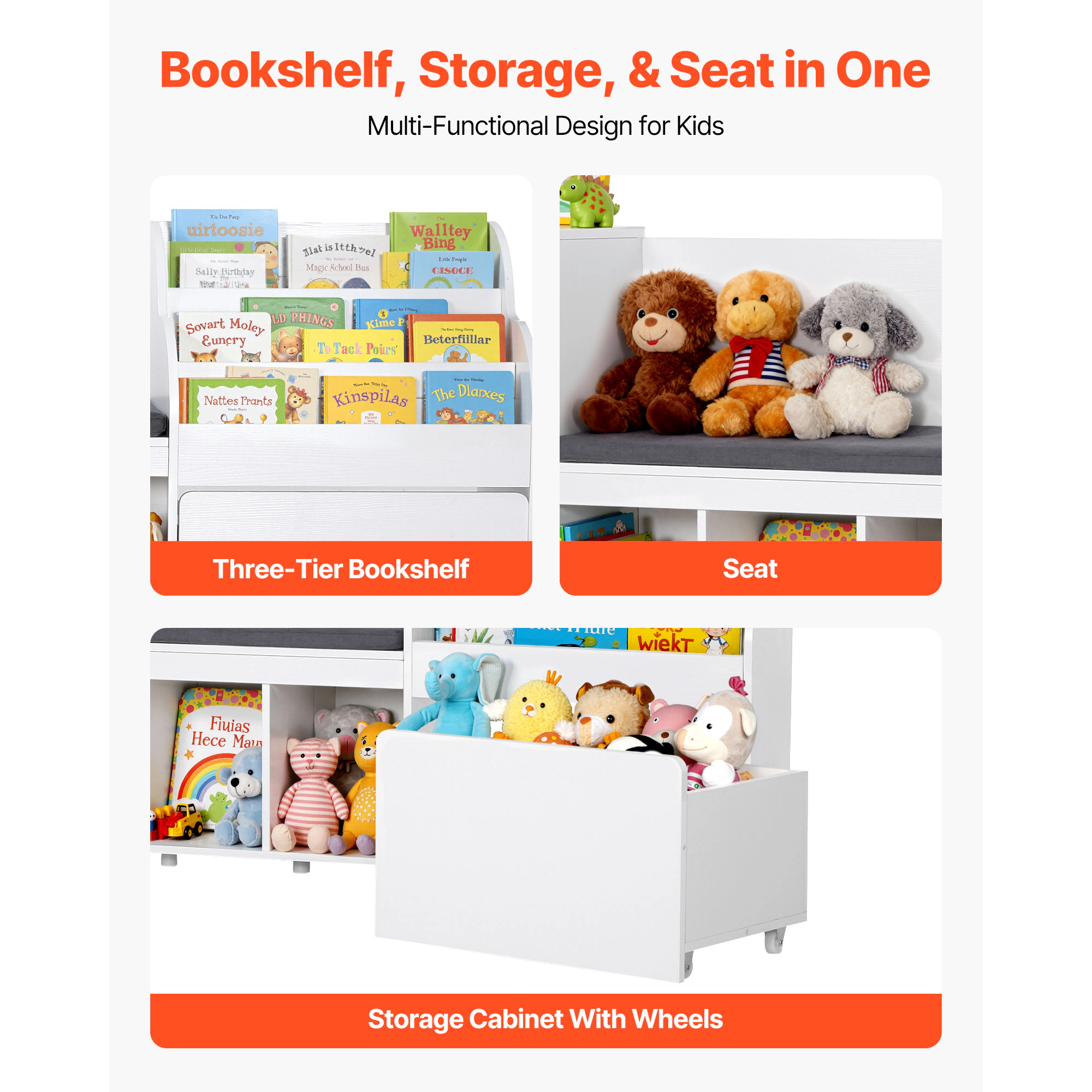 HONGGE Kids Reading Nook Storage Bench with Backrest & 3-Tier Bookshelf, 67-Inch Toy Organizer, White
