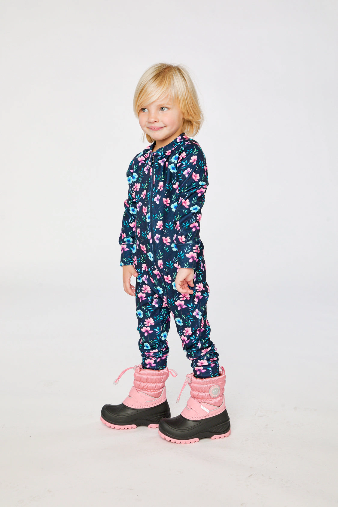 Deux par Girls One Piece Floral Print Asymmetric Zip Thermal Underwear