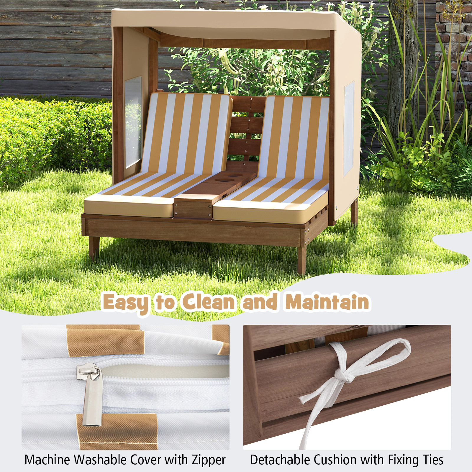 SUGIFT Kids Double Chaise Lounger with Canopy, Cushion, Cup Holders and Storage, Brown