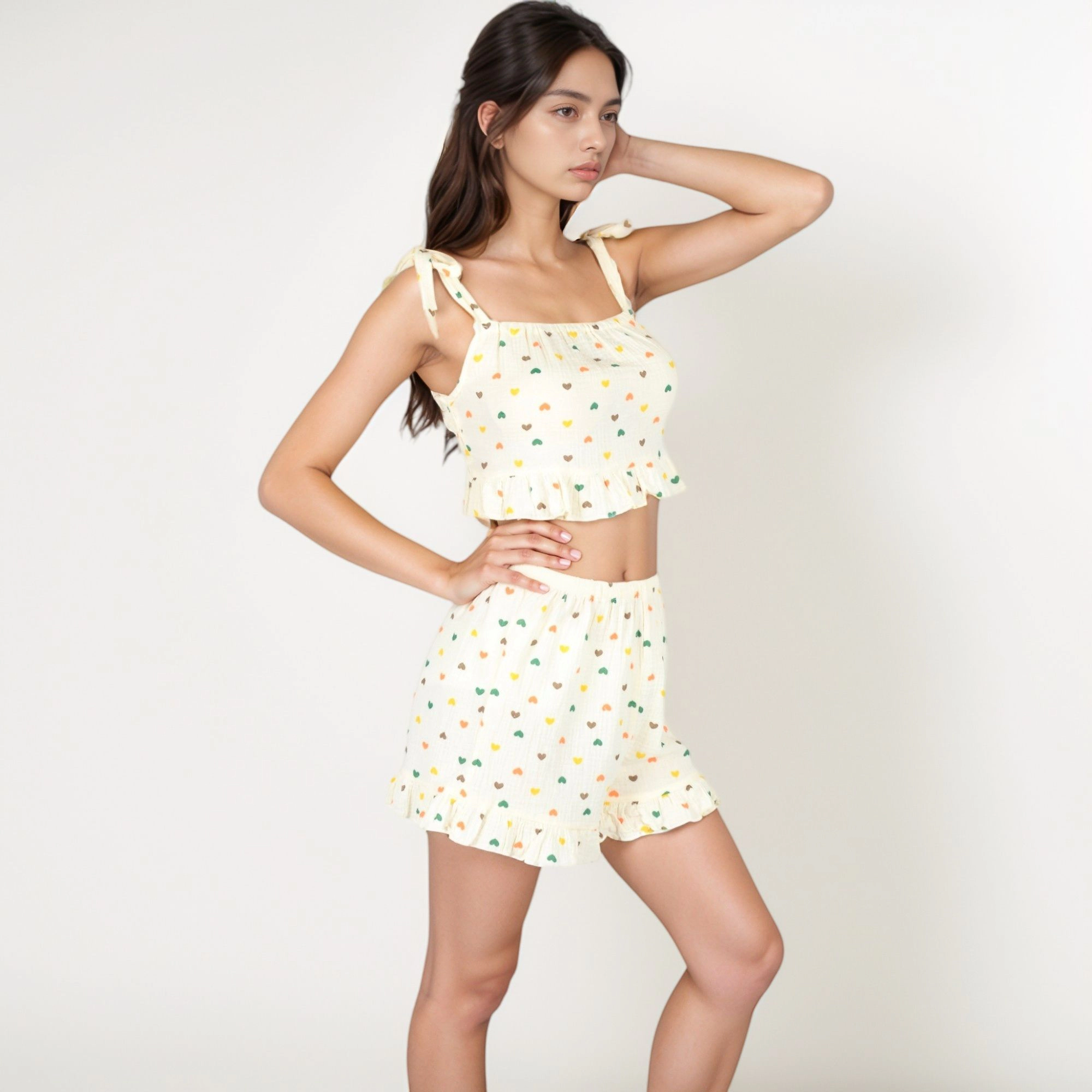 Anna-Kaci Women's Valentine Ruffle Hem Pajama Set with Tie Strap Crop Top and Multicolor Heart Print