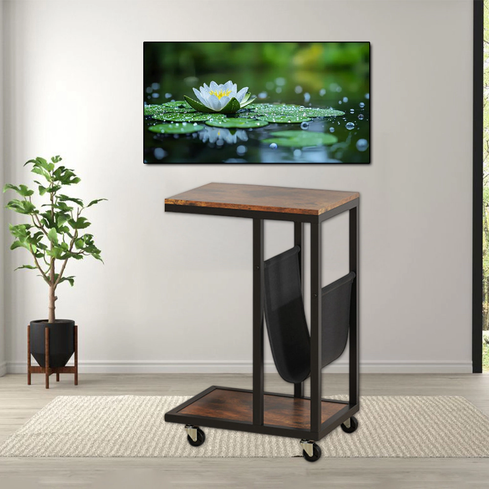 Hivvago Modern C-Shaped Side Table with Metal Frame and Fabric Storage Holder