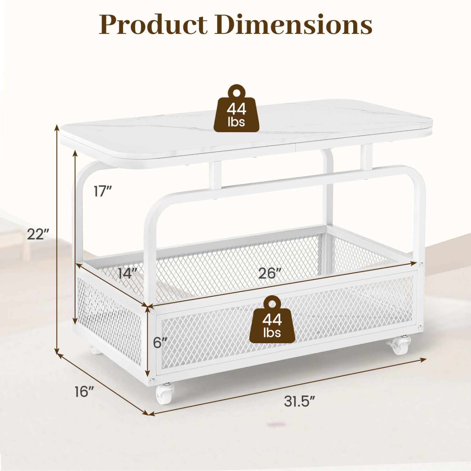 Glintex Rolling Narrow Side Table with Faux Marble Top and Mesh Storage Basket, White