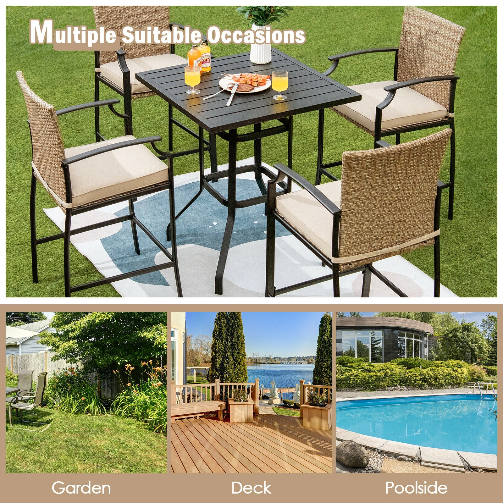 SUGIFT Set of 4 Armrests High Backrest and 2-in Cushions Patio Rattan 330-lb Rated Bar Stools Beige