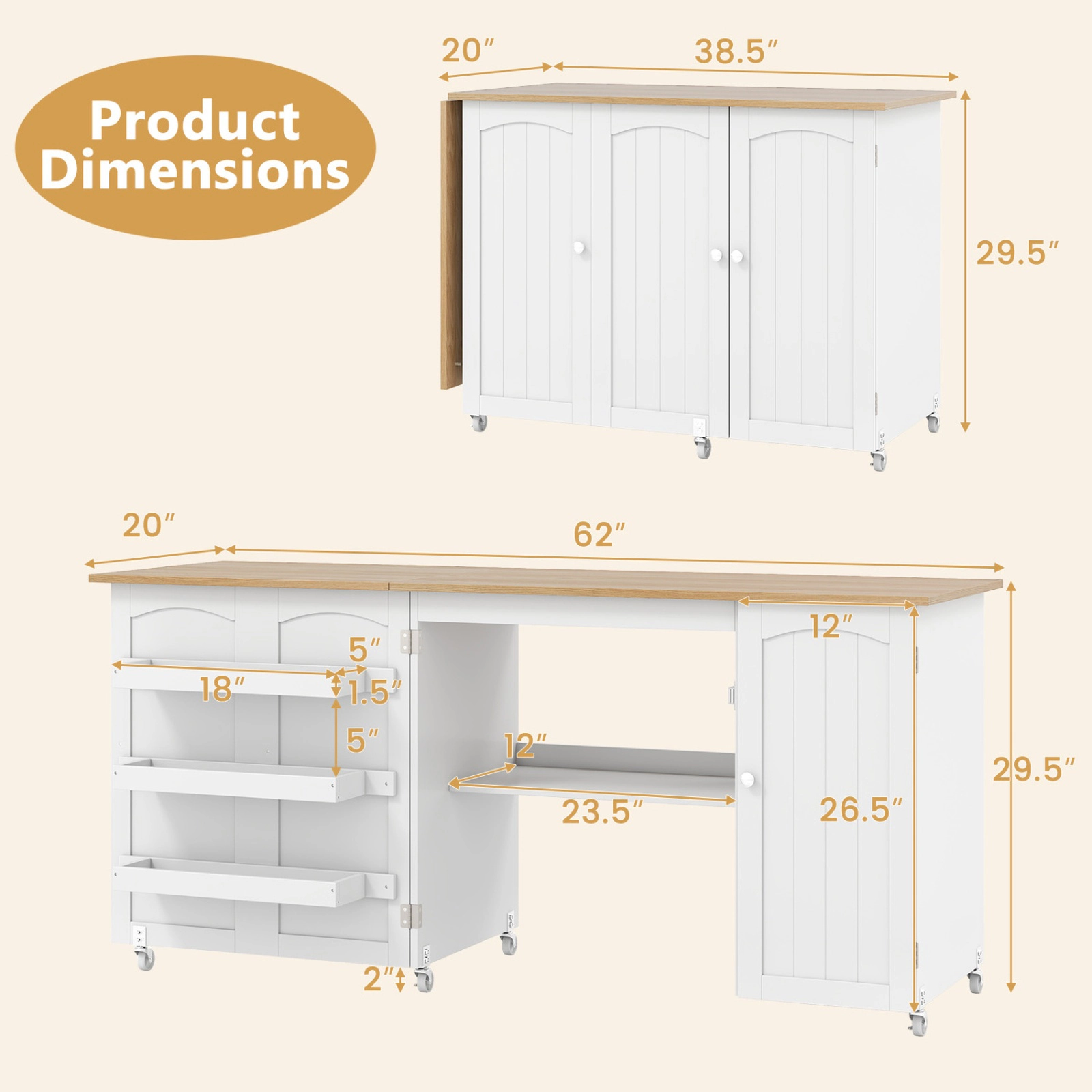SUGIFT Folding Large Sewing Table Desk with Storage Shelves and Lockable Casters White Natural