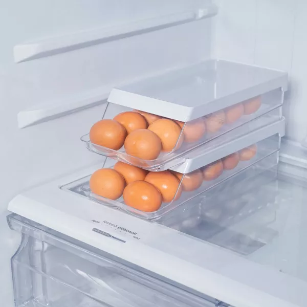 OU Egg Holder for Fridge, Rolling Egg Organizer, Clear Stackable Refrigerator Storage Container, BPA Free, 2 Piece Set