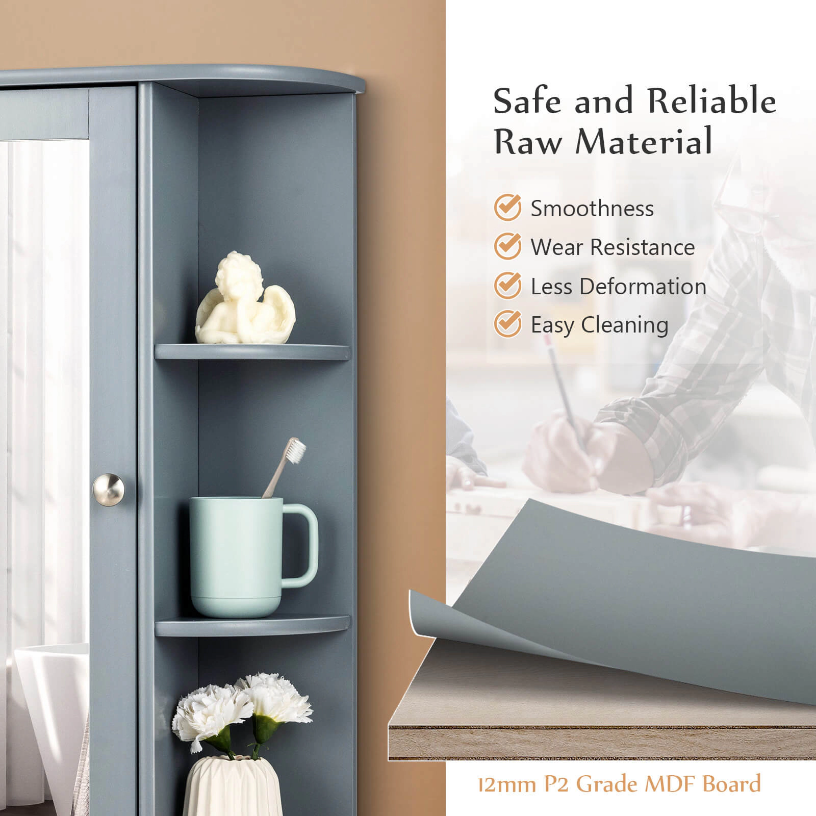 SUGIFT Gray 80-lb Capacity Wall Mount Bathroom Mirror Cabinet with Single Door and 6 Open Shelves