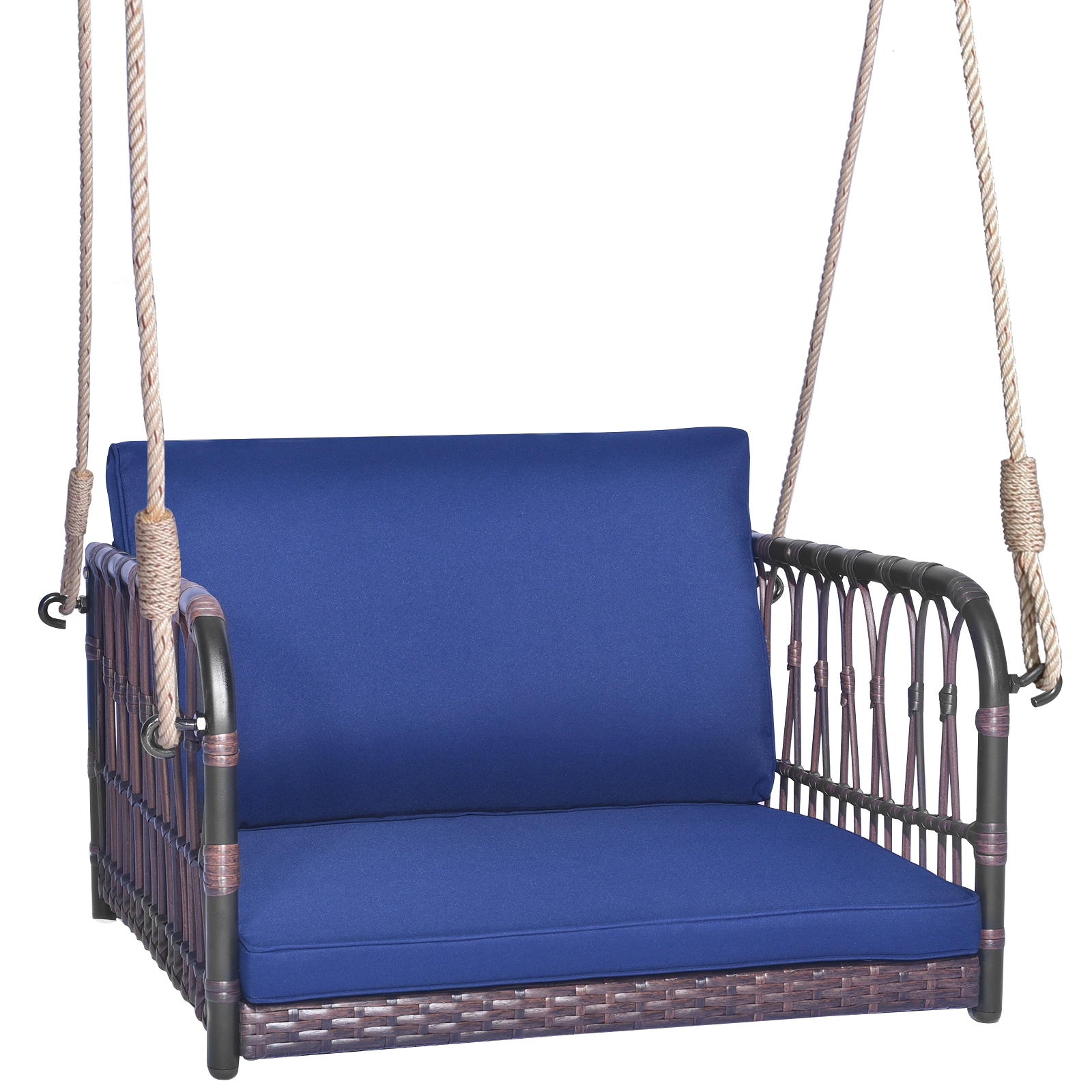 SUGIFT Single Person Hanging Swing Seat with Seat and Back Cushions 400-Lb Capacity Navy Mix Brown