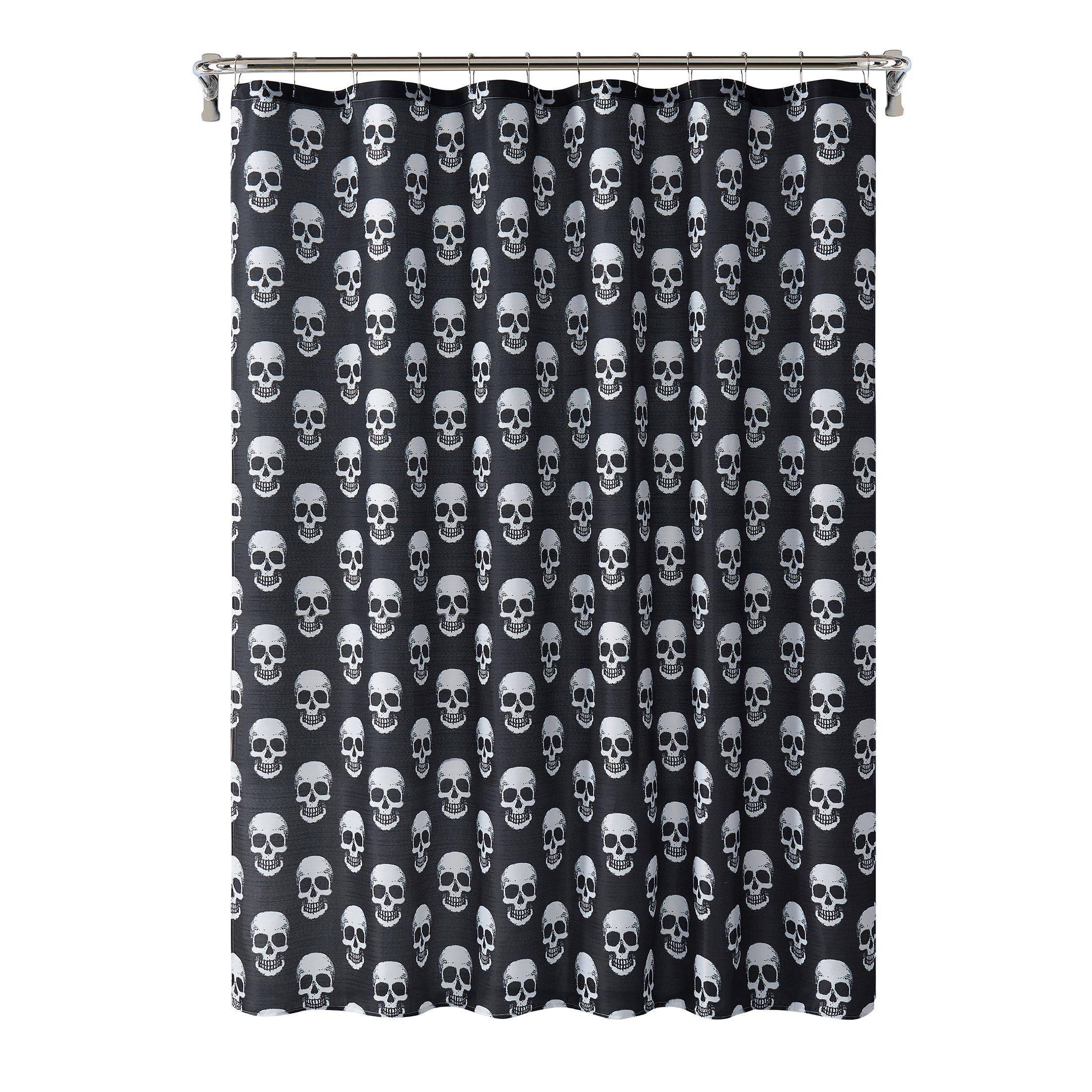 Kate Aurora Halloween Accents Black & White Friendly Skulls Fabric Shower Curtain